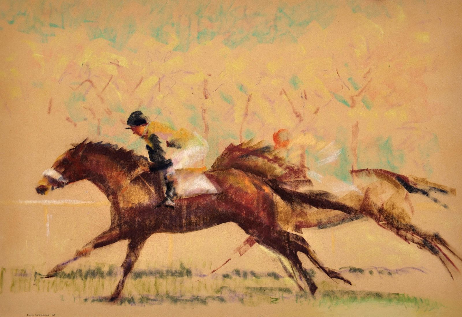 John Rattenbury Skeaping, 1901-1980. Into The Final Furlong, 1965. Dessin au pastel sur papier coloré représentant des chevaux de course, encadré. Mid-century, britannique. photo furniture