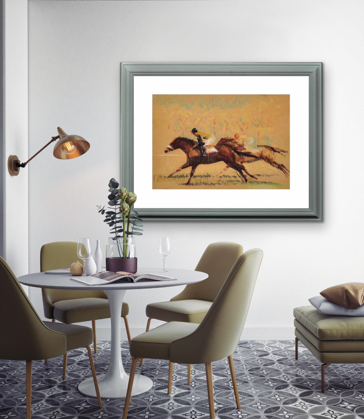 John Rattenbury Skeaping, 1901-1980. Into The Final Furlong, 1965. Dessin au pastel sur papier coloré représentant des chevaux de course, encadré. Mid-century, britannique. photo vintage