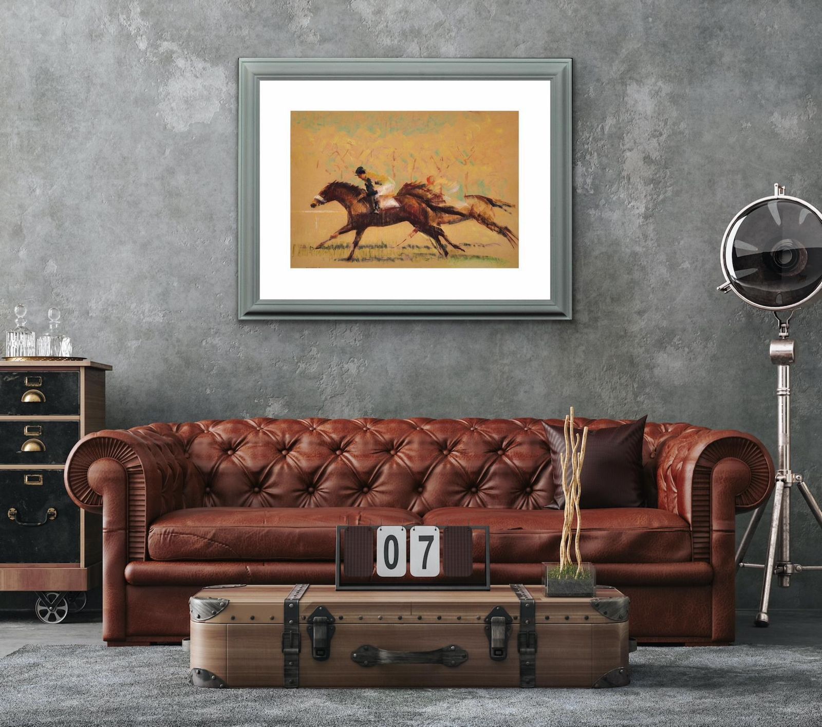 4895.0 John Rattenbury Skeaping, 1901-1980. Into The Final Furlong, 1965. Dessin au pastel sur papier coloré représentant des chevaux de course, encadré. Mid-century, britannique. photo