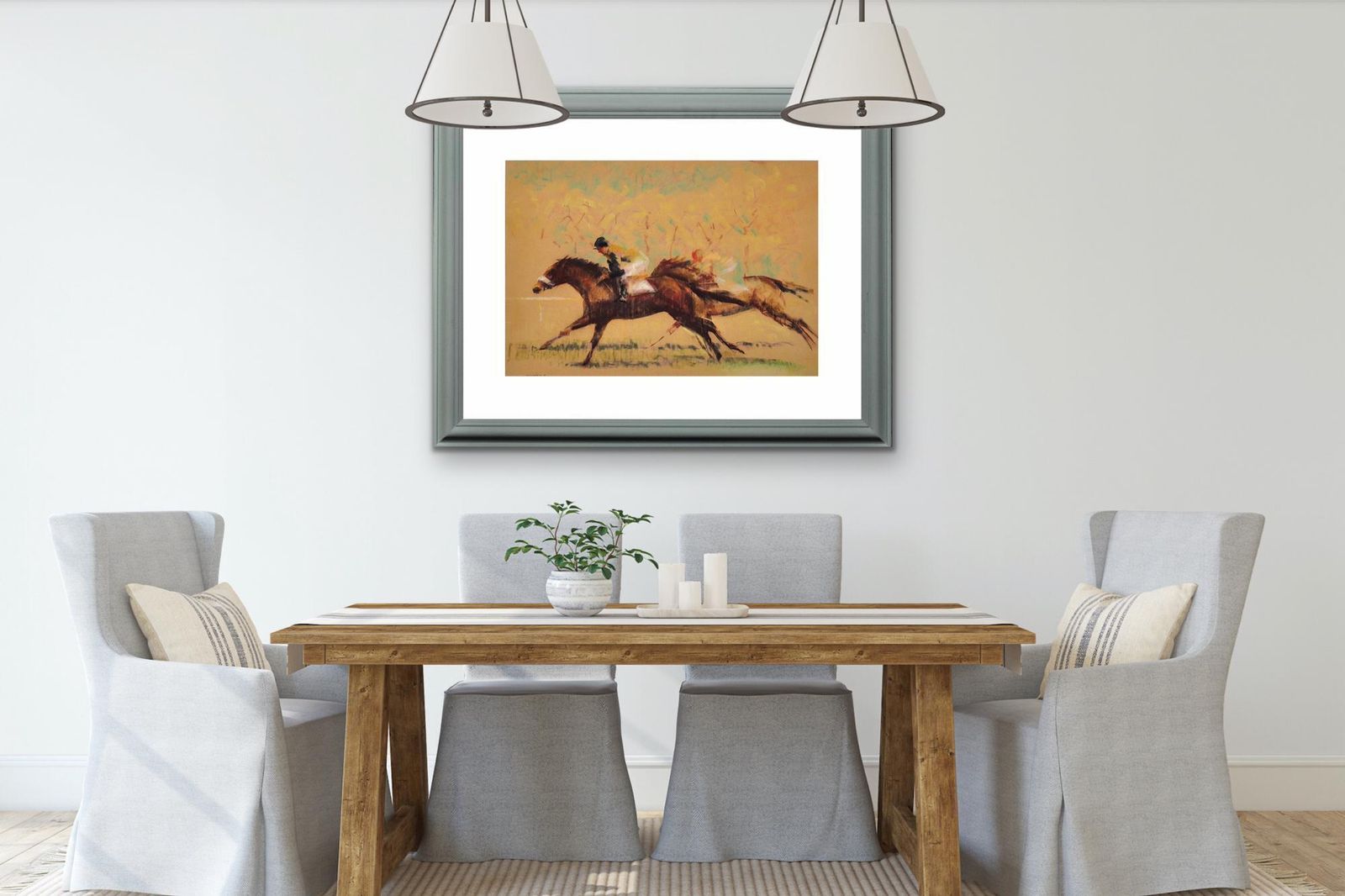 photo vinterior John Rattenbury Skeaping, 1901-1980. Into The Final Furlong, 1965. Dessin au pastel sur papier coloré représentant des chevaux de course, encadré. Mid-century, britannique.