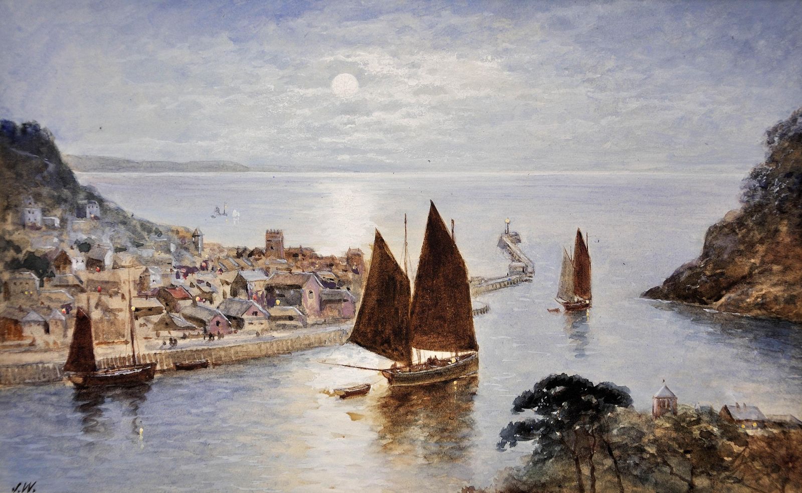J. Wilson, fl. 1837-1870. École anglaise. Looe Town & Harbour, Cornwall. Aquarelle cornouaillaise encadrée. Lougres toutes voiles dehors. Vers 1860. Époque victorienne. photo furniture
