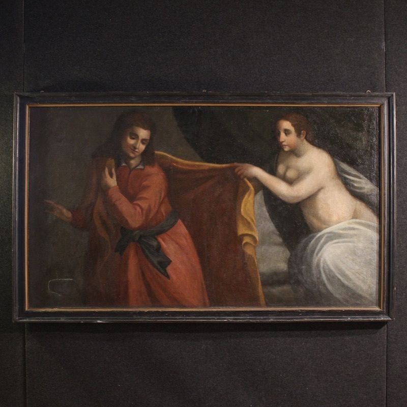 Antiek Italiaans schilderij, Jozef en de vrouw van Potifar, 17e eeuw