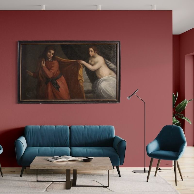 photo vintage Antiek Italiaans schilderij, Jozef en de vrouw van Potifar, 17e eeuw