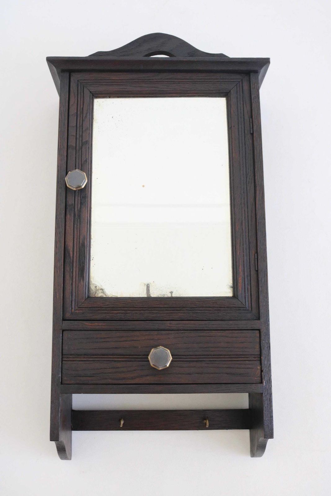 Antique Oak Wall Cabinet With Mirror Drawer & Hooks Art Deco Hall Cabinet photo furniture