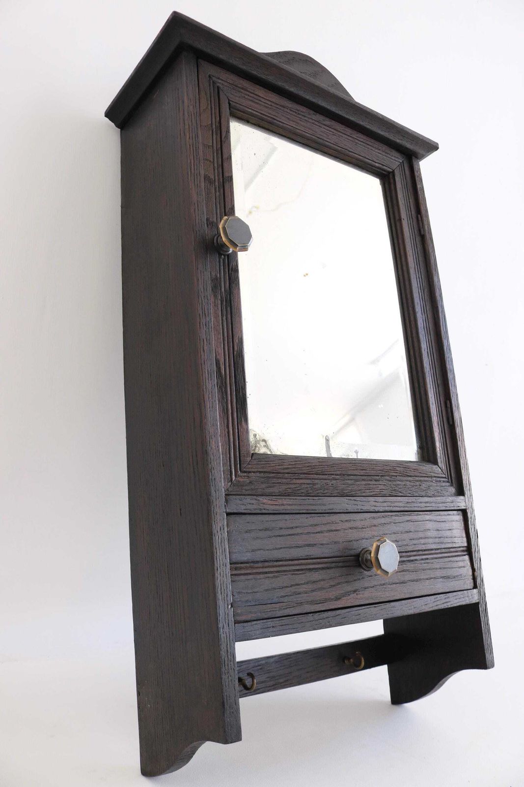 Antiek Eikenhouten Wandkastje met Spiegel, Lade & Haken, art deco Gangkast photo Meubels