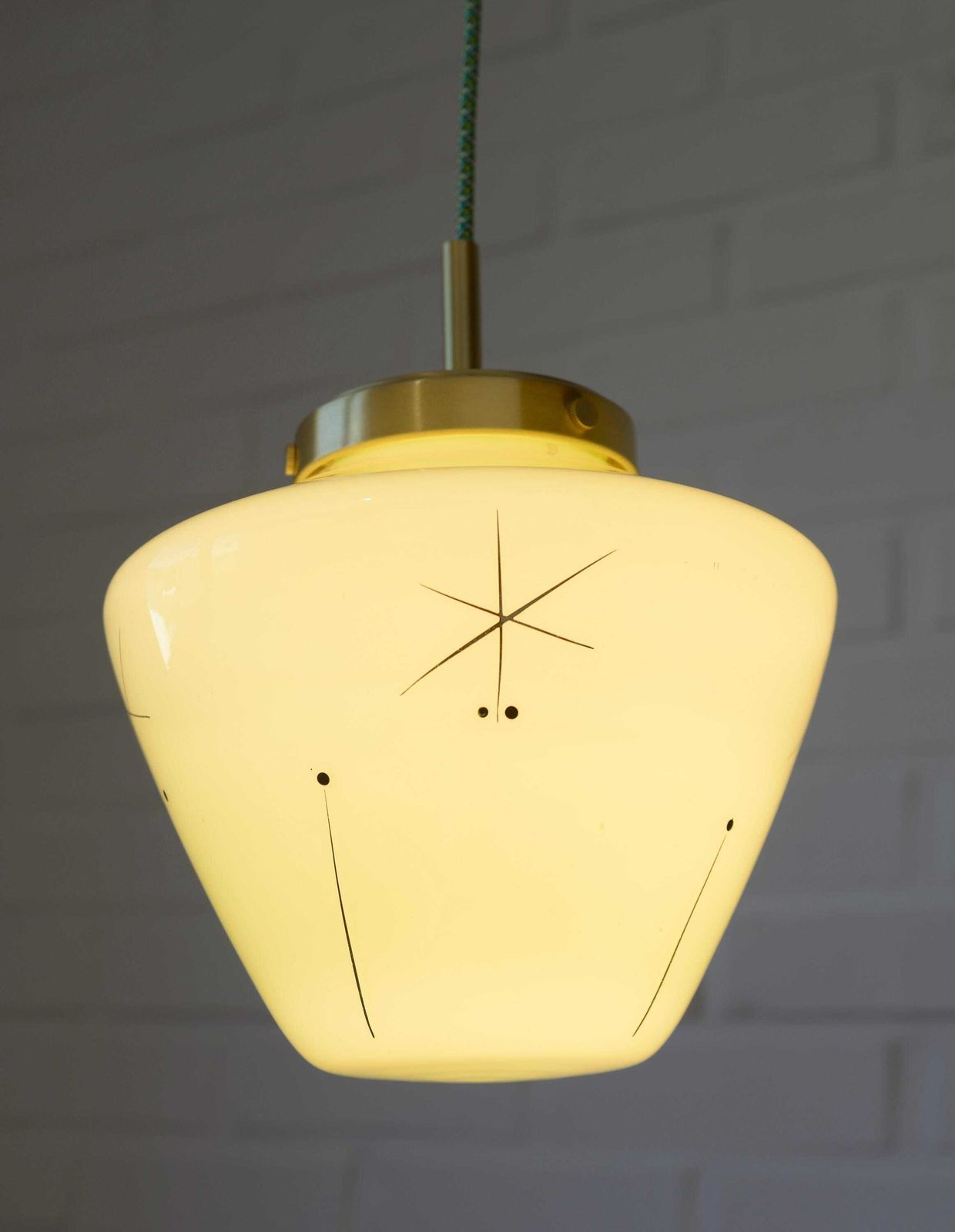 Vintage Space Age Mint Green Opaline Glass Pendant Light | Mid Century Modern | Hand Blown Glass | Brass Redesign photo vinterior