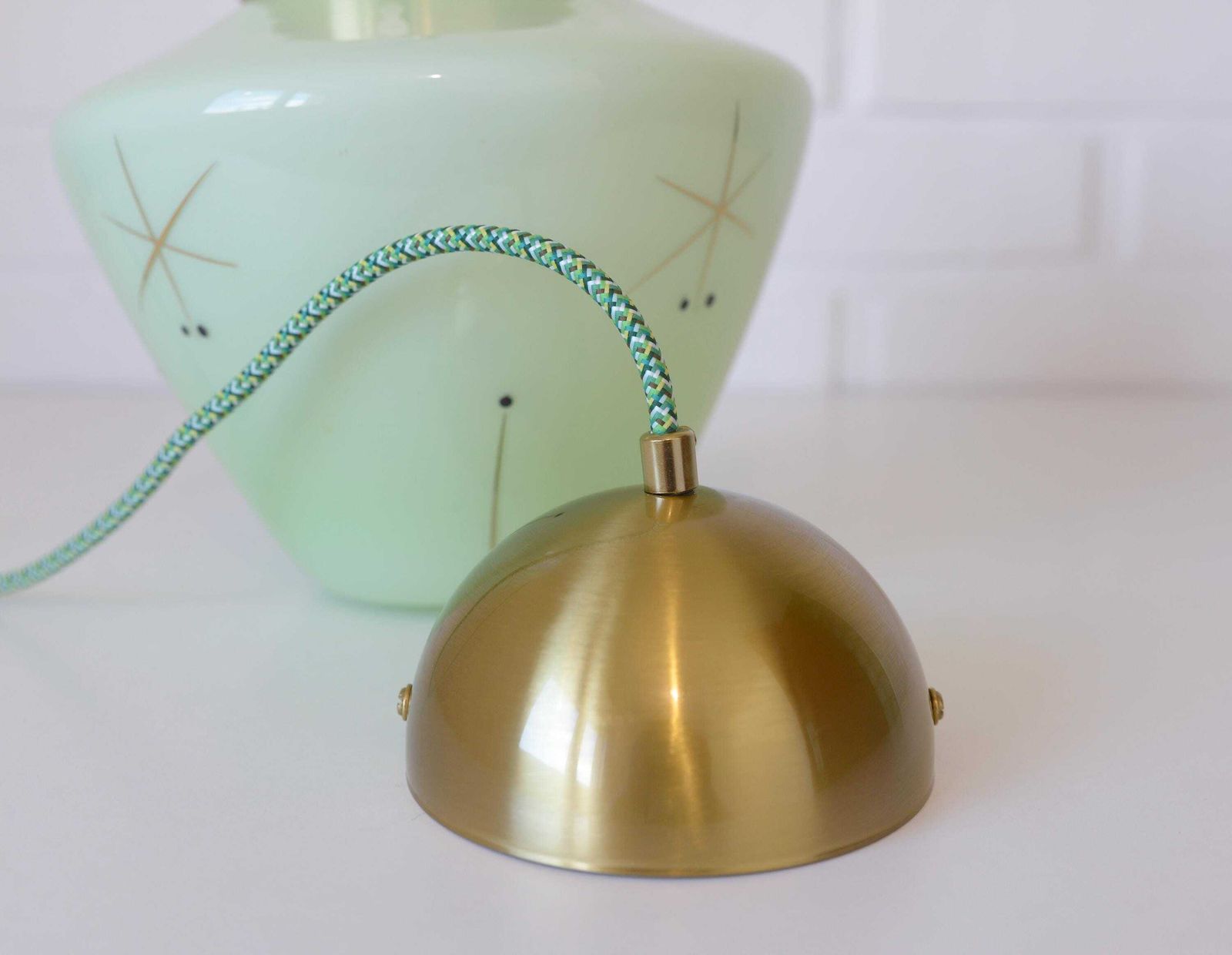 Lighting Vintage Space Age Mint Green Opaline Glass Pendant Light | Mid Century Modern | Hand Blown Glass | Brass Redesign photo