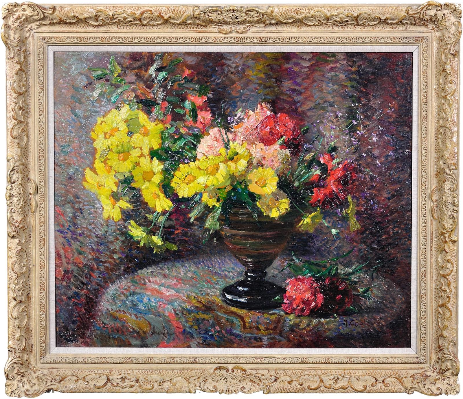 Jean Chaleye, 1878-1960. Français. Nature morte aux œillets et soucis. Huile encadrée, post-impressionnisme pointilliste.
