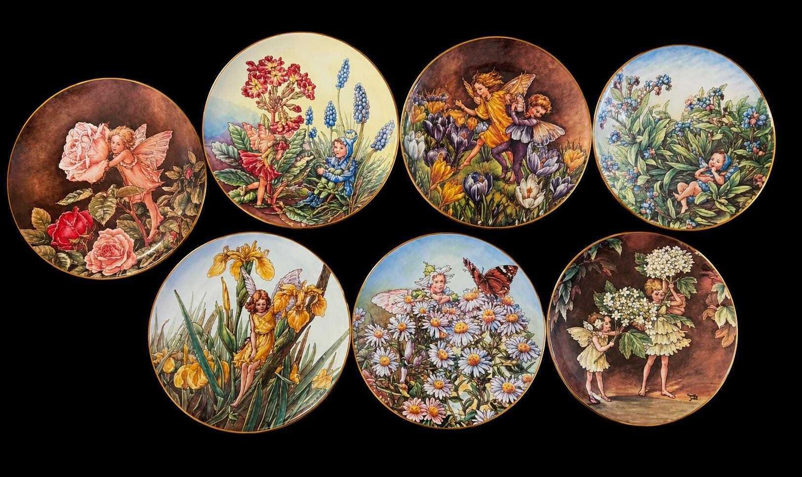 Vintage Flower Fairies Collector Plates Set van 7 – Border Fine Bone China England – Cicely Mary Barker – Festival – Genummerd – Gouden Rand