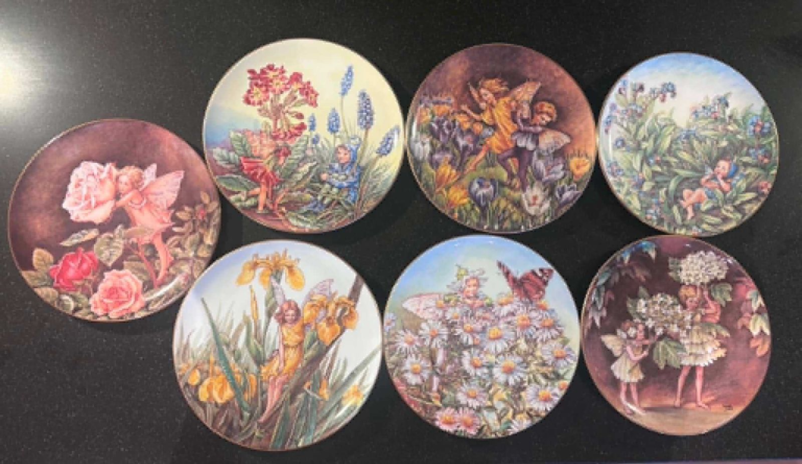 Vintage Flower Fairies Collector Plates Set van 7 – Border Fine Bone China England – Cicely Mary Barker – Festival – Genummerd – Gouden Rand photo furniture
