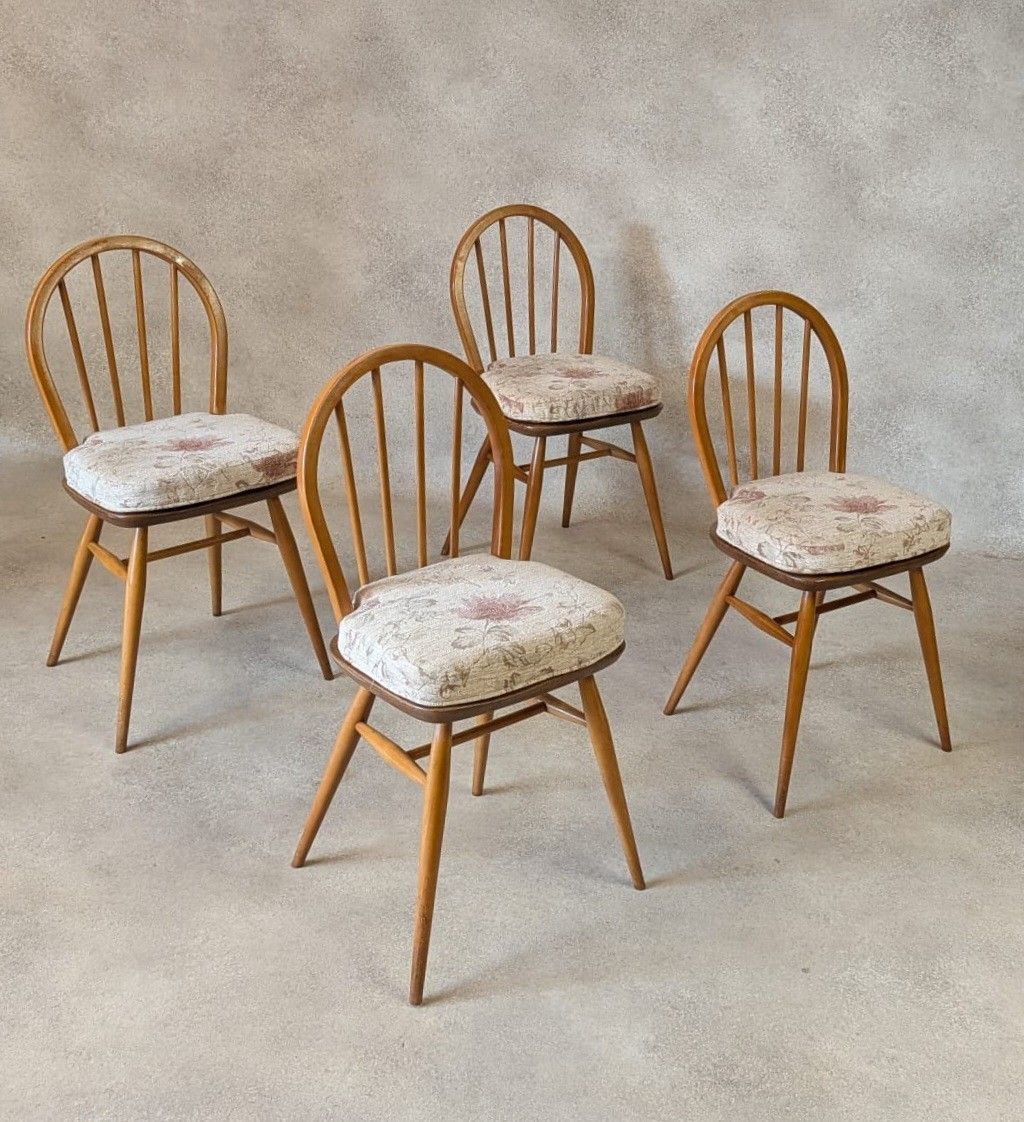 Set Of 4 Mid Century Ercol Hoop Back Dining Chairs  Blue Label