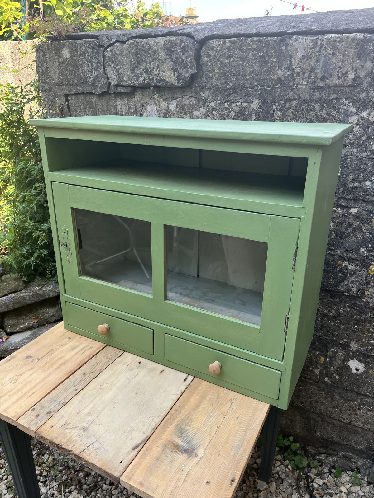 Small Green Continental Painted Glazed Cupboard With 2 Drawers