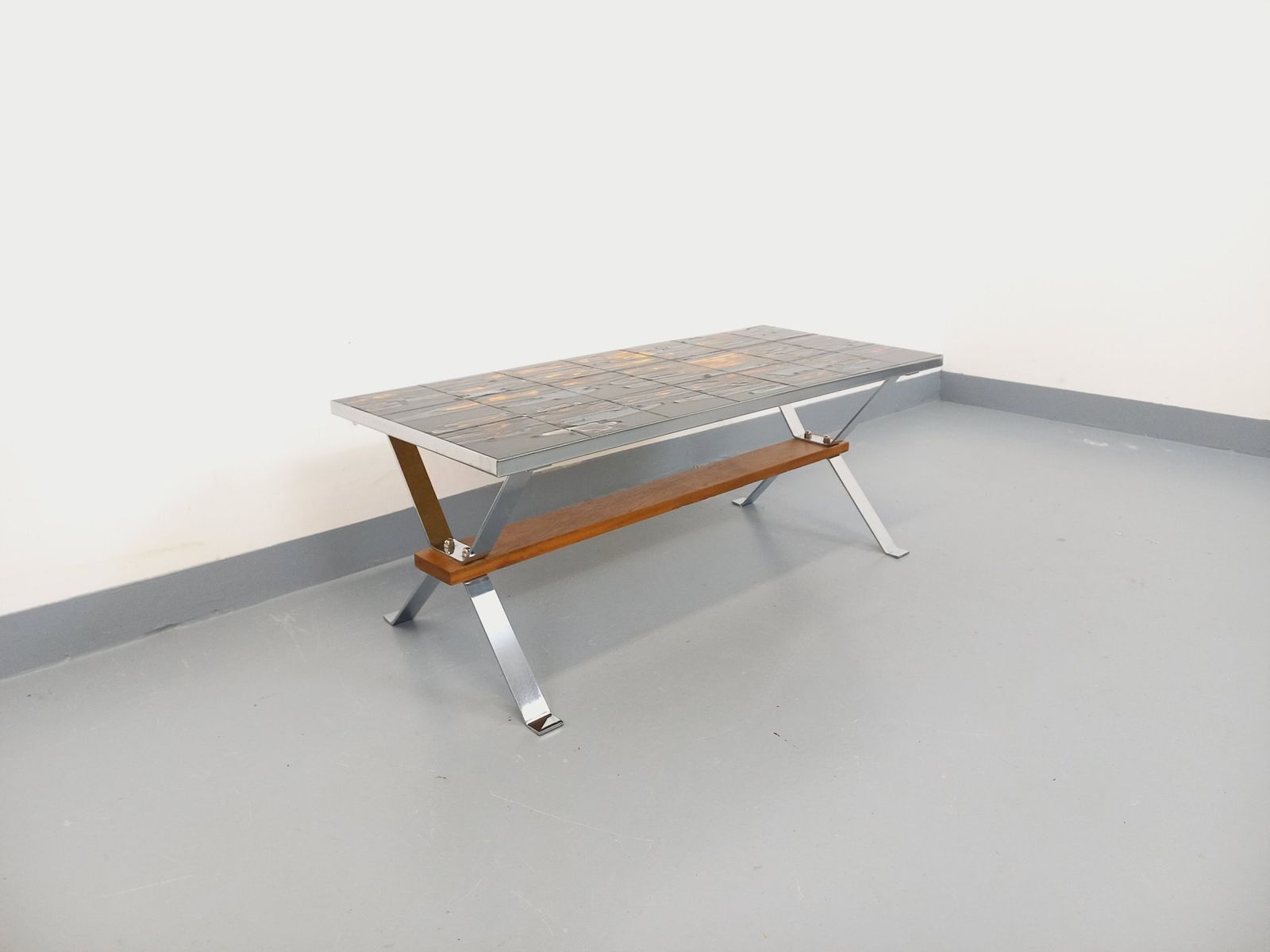 Coffee Table In Ceramic, Chrome Plated Metal And Wood photo for sale