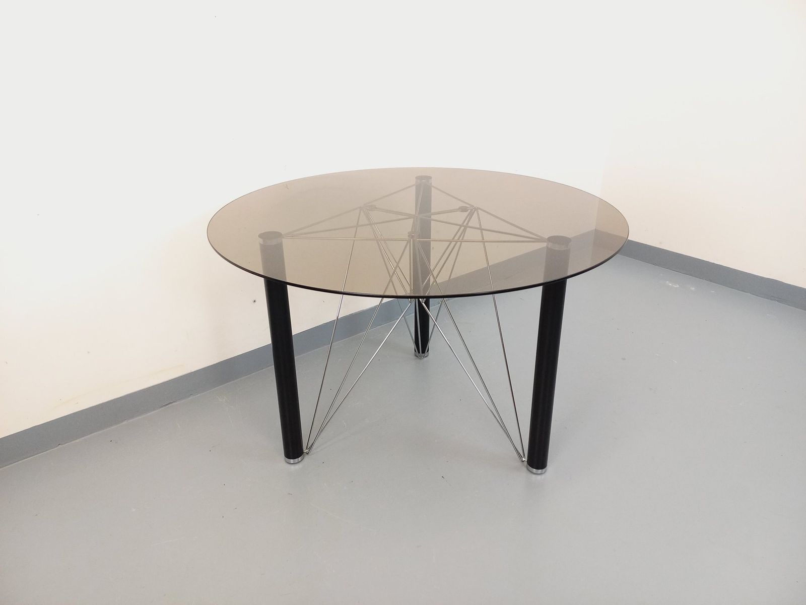 Round Table In Smoked Glass, Black Metal And Chrome Metal photo furniture