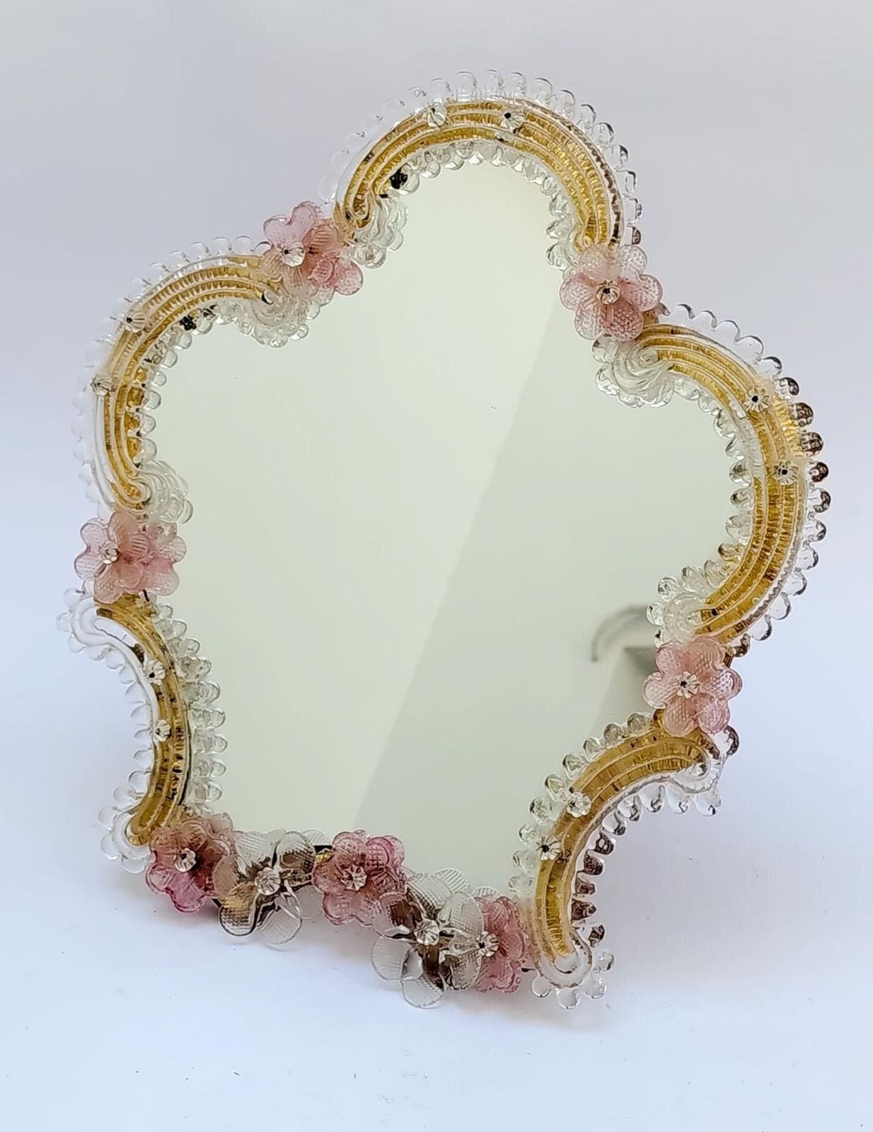 Grand miroir de table à cadre en verre de Murano, roses Barovier, mid-century, 35 cm