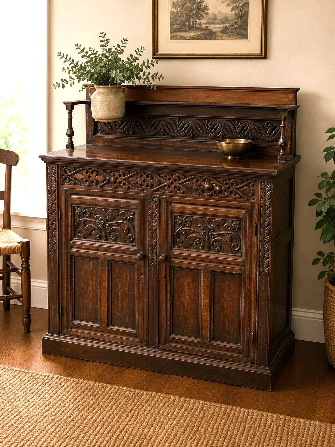 Antique Carved Oak Buffet Sideboard Cabinet Dresser Display Cupboard Storage