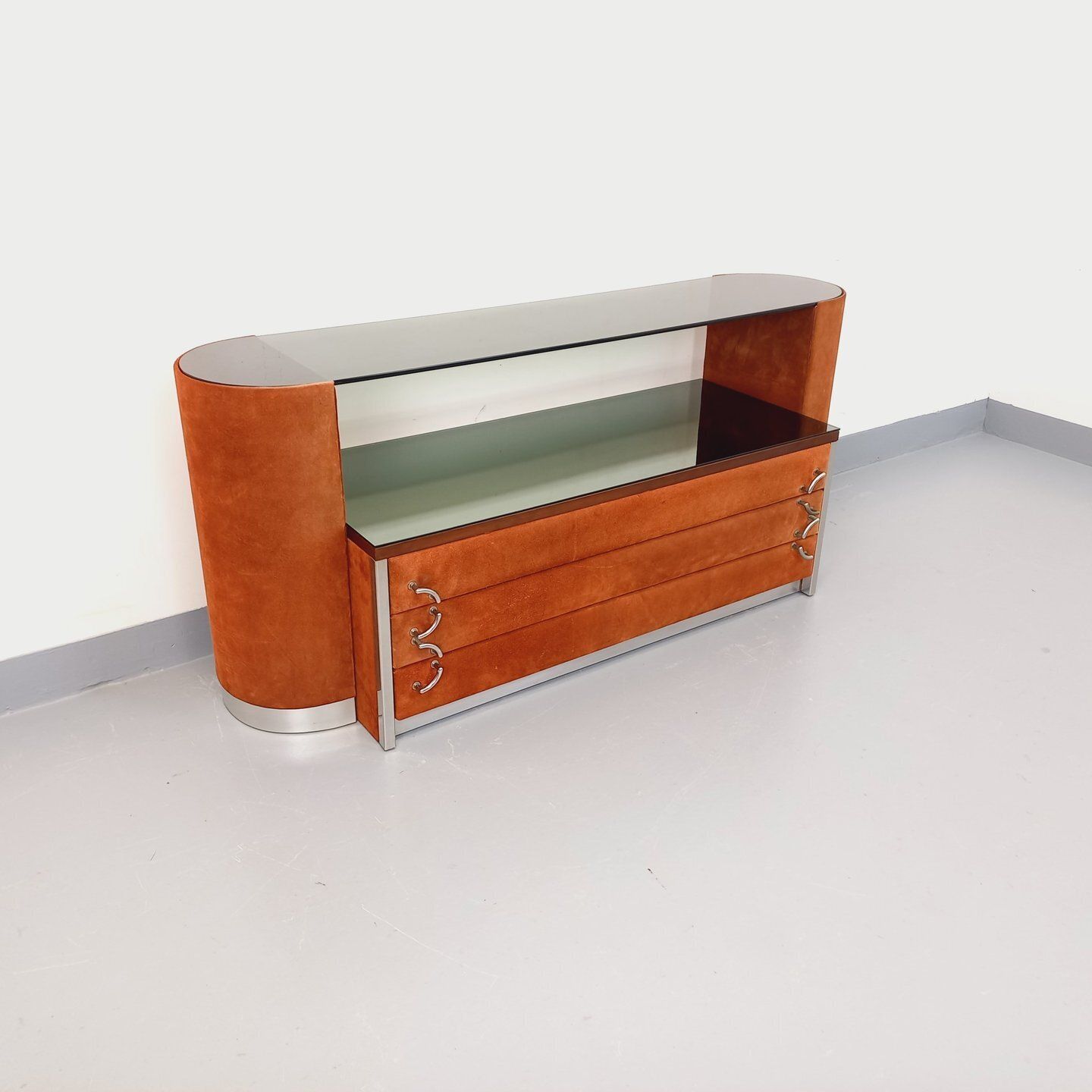 Space Age Kaptafel in Fluweel, Chroom en Gerookt Glas