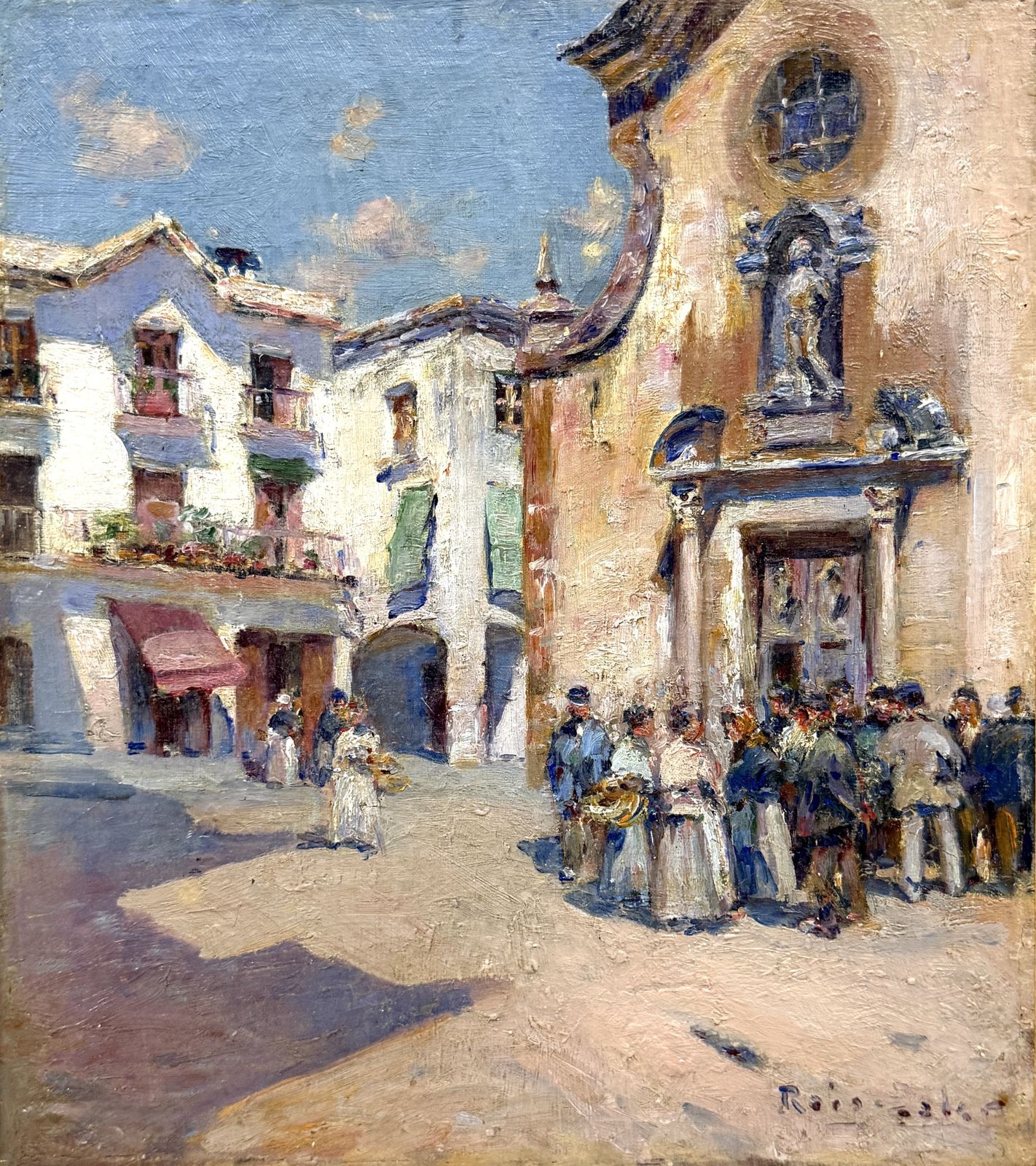 Joan Roig Soler, place d'église méditerranéenne animée de personnages, peinture à l'huile impressionniste espagnole, 1900