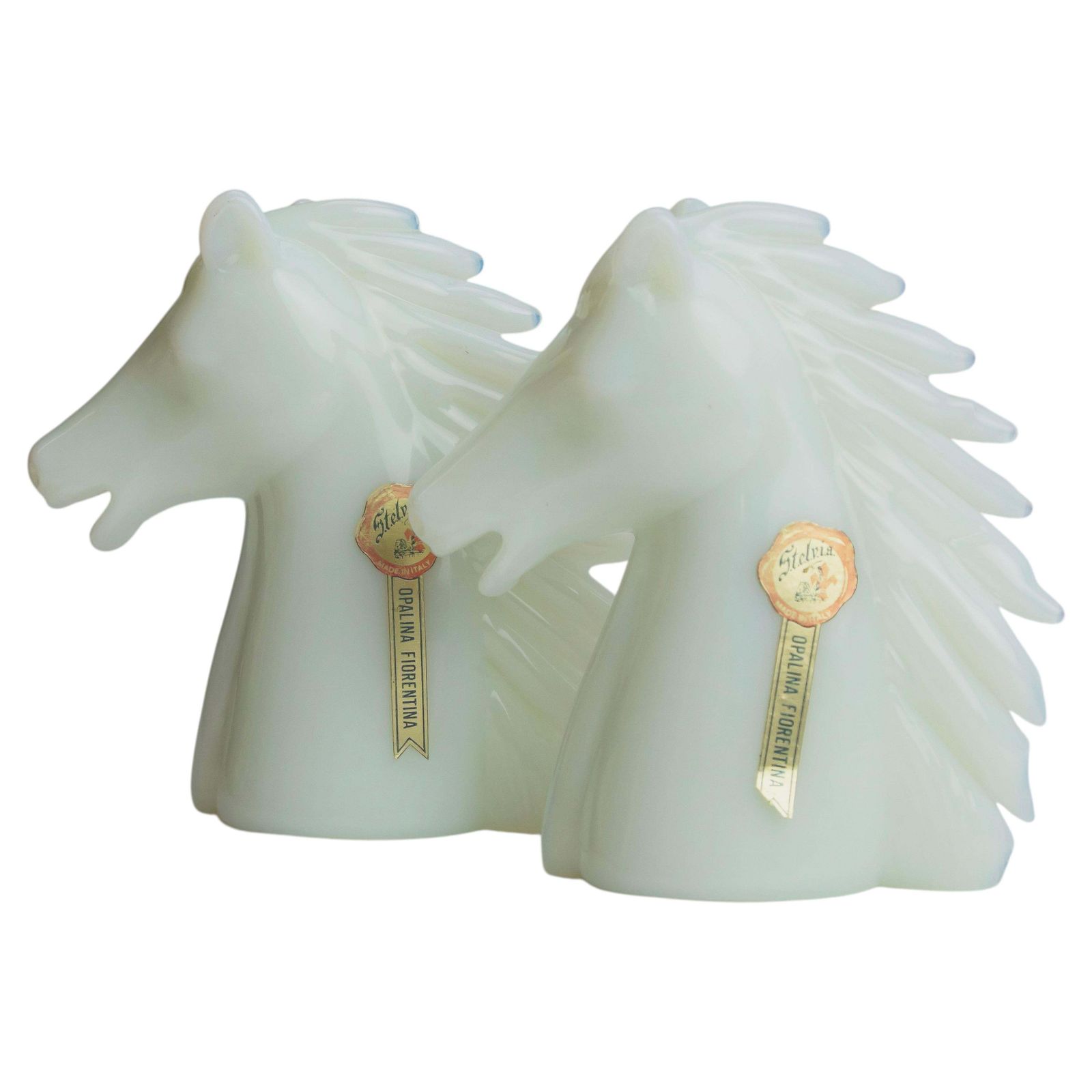 Pair Of Stelvia Opalina Fiorentina Opaline Glass Horse Head Sculptures, Italy, 1960s