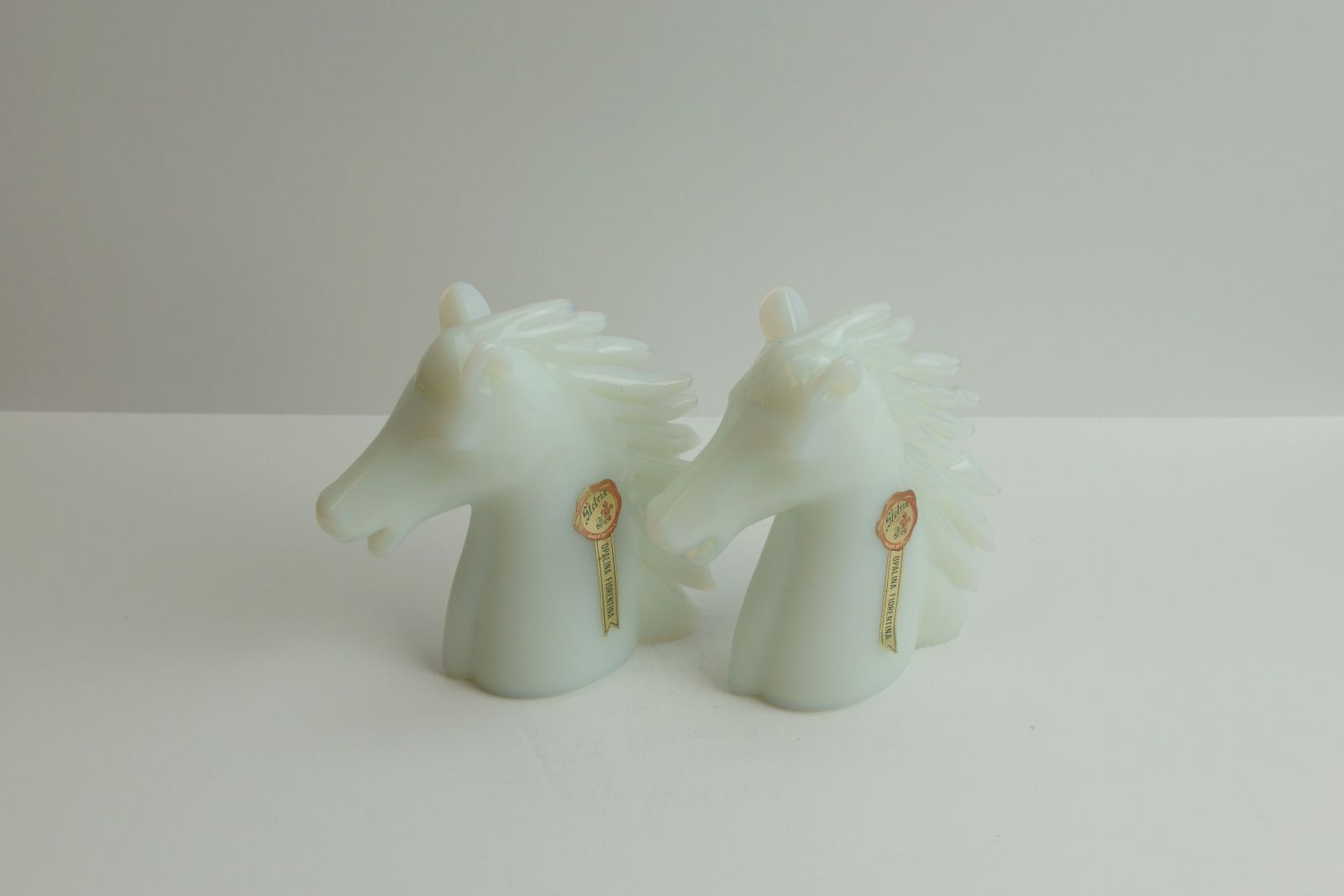Pair Of Stelvia Opalina Fiorentina Opaline Glass Horse Head Sculptures, Italy, 1960s photo for sale