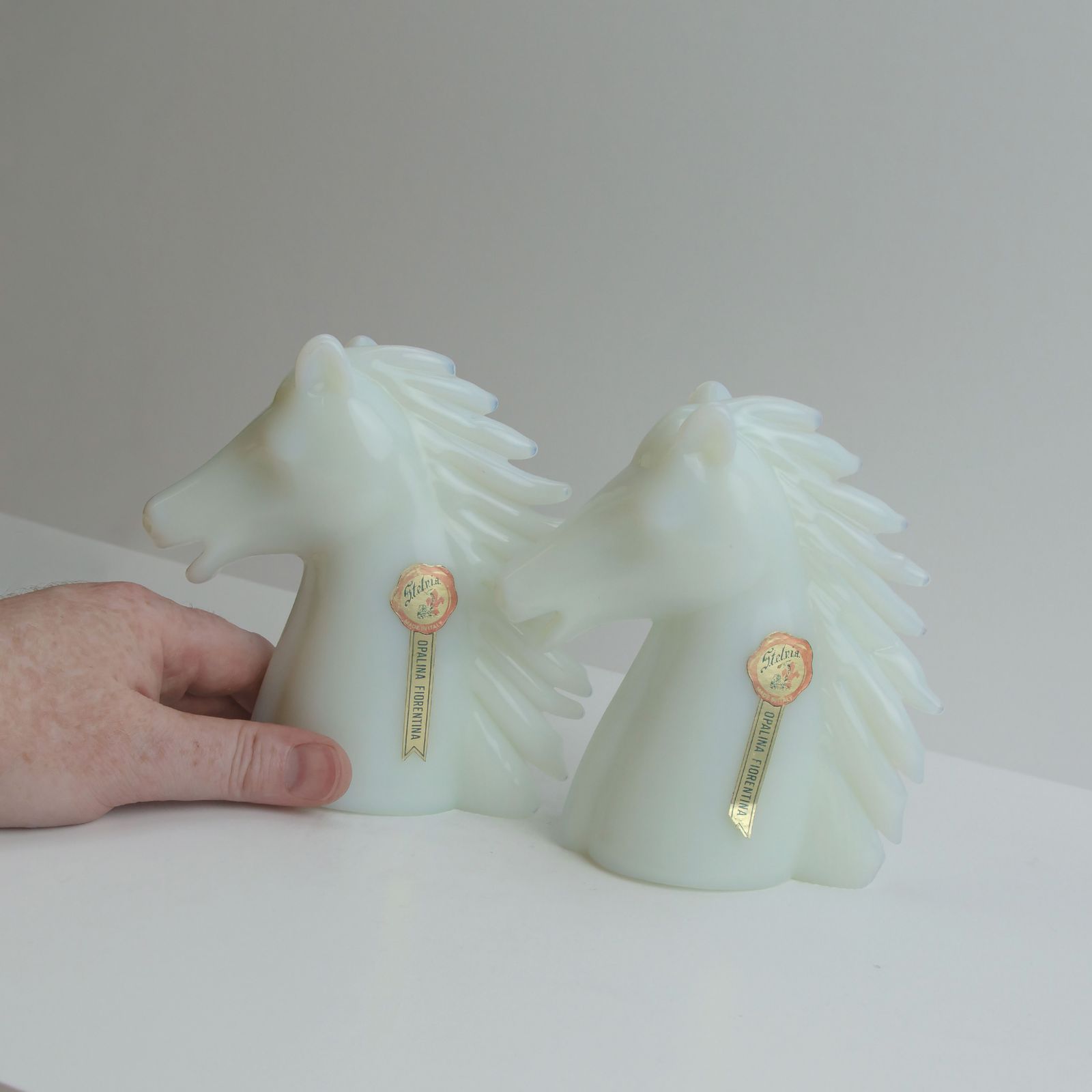 Pair Of Stelvia Opalina Fiorentina Opaline Glass Horse Head Sculptures, Italy, 1960s photo vinterior