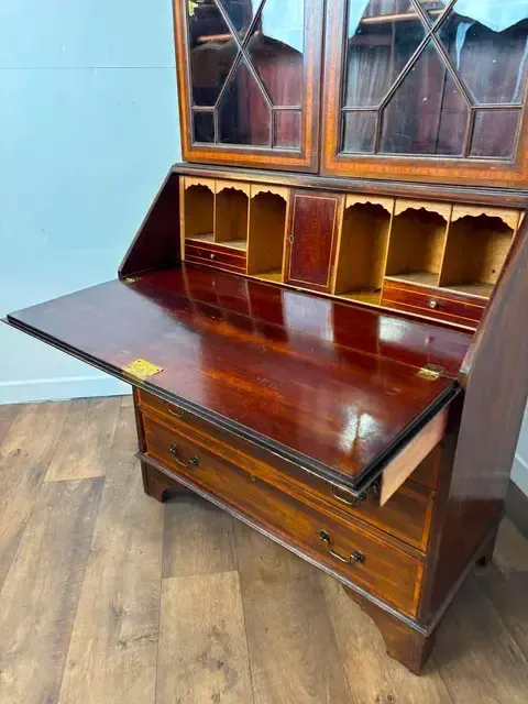 Edwardian Sheraton Style Inlaid Mahogany Bureau Bookcase photo for sale