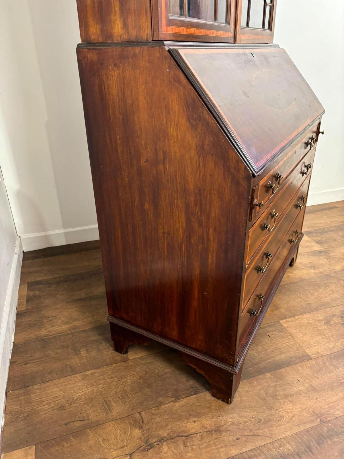 photo for sale Edwardian Sheraton Style Inlaid Mahogany Bureau Bookcase