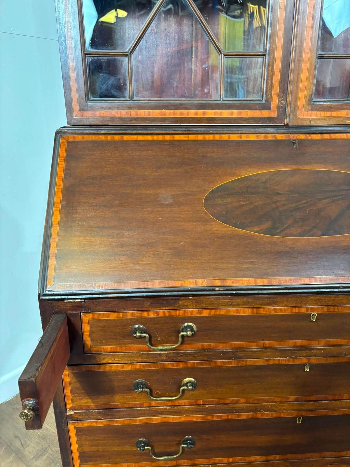 Furniture Edwardian Sheraton Style Inlaid Mahogany Bureau Bookcase photo