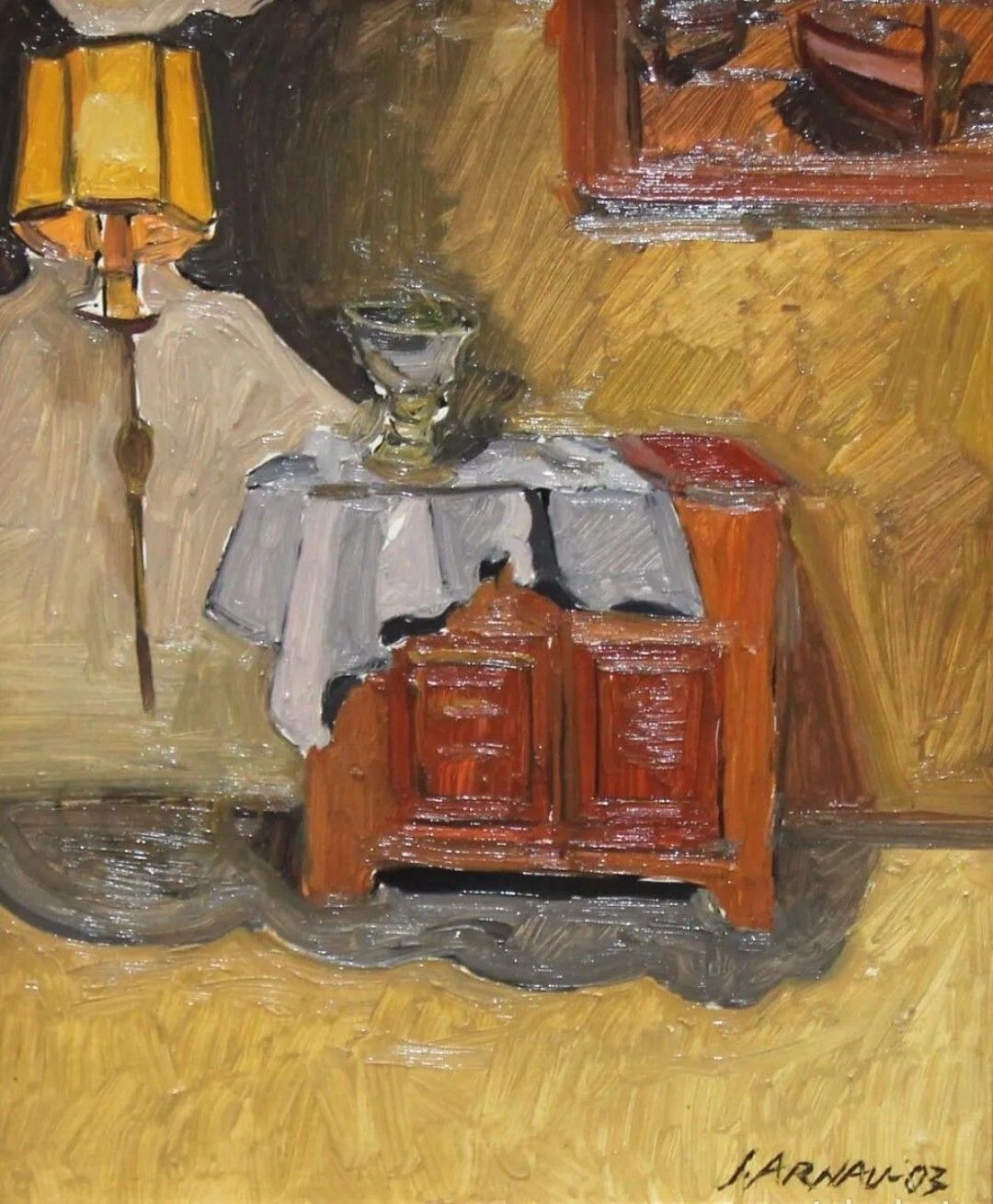 Antiek olieverfschilderij op paneel - Impressionistisch interieur met slaapkamerscène | 20e eeuw