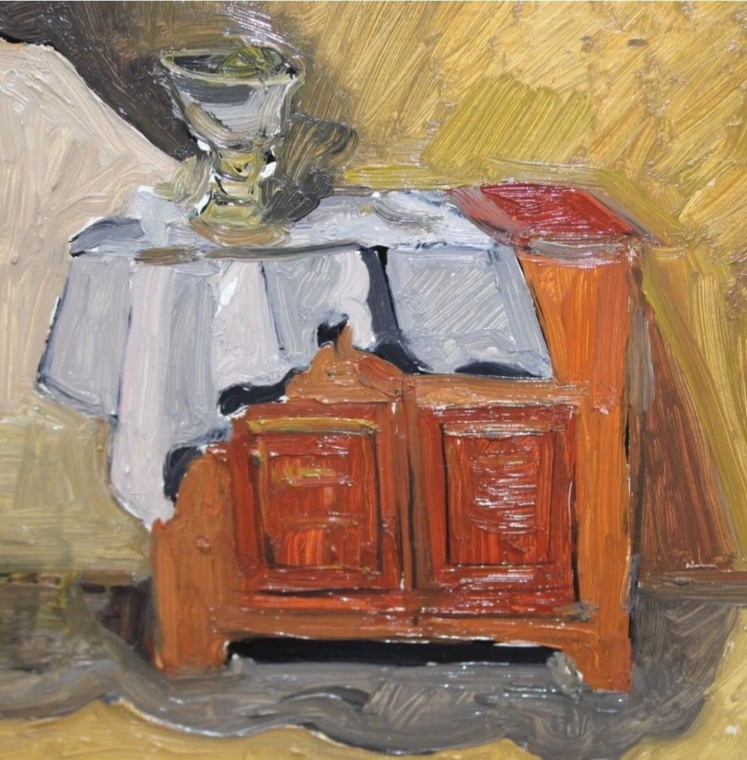 Antique Oil Painting On Panel – Impressionist Bedroom Interior Scene | 20th Century photo for sale