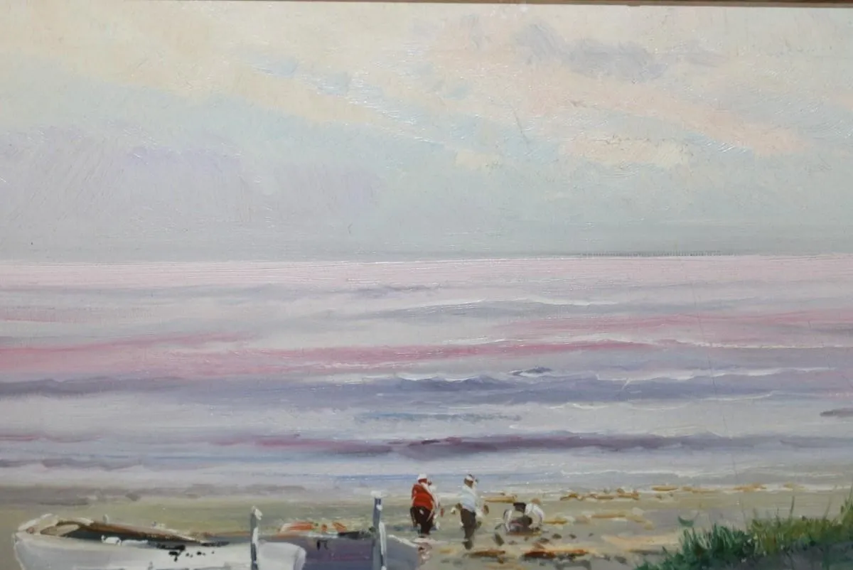Olieverfschilderij Zeegezicht Boten met Impressionistische Figuren 20e Eeuw photo 2350.0