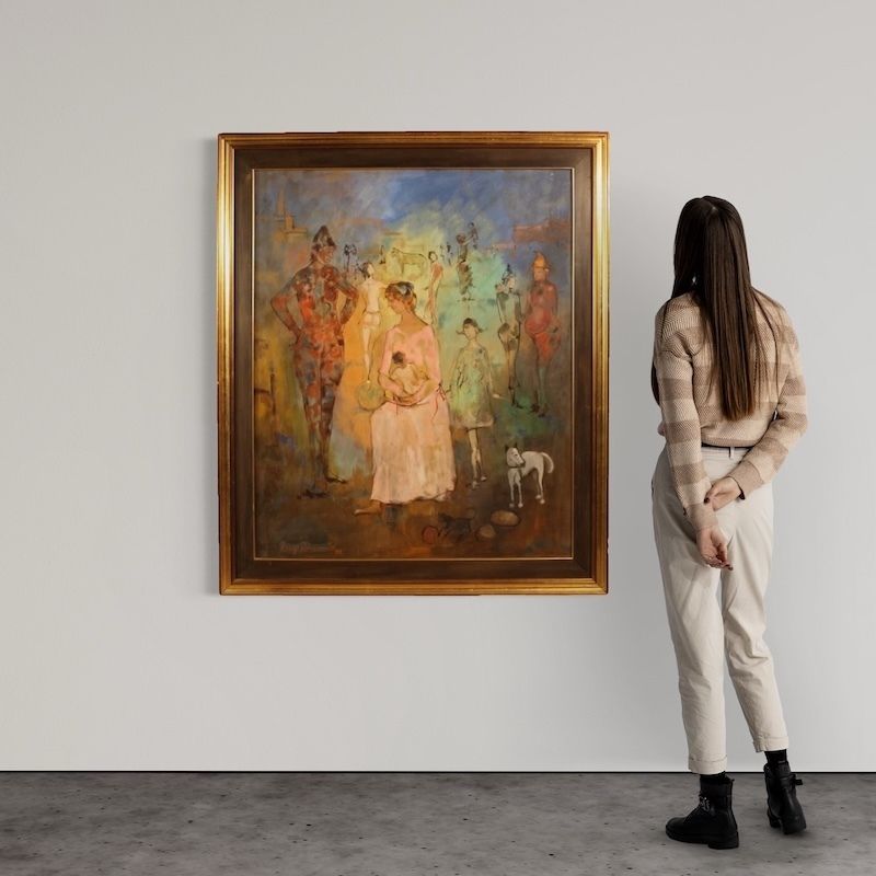 Peinture italienne, Famille d'acrobates, datée 1981 photo for sale