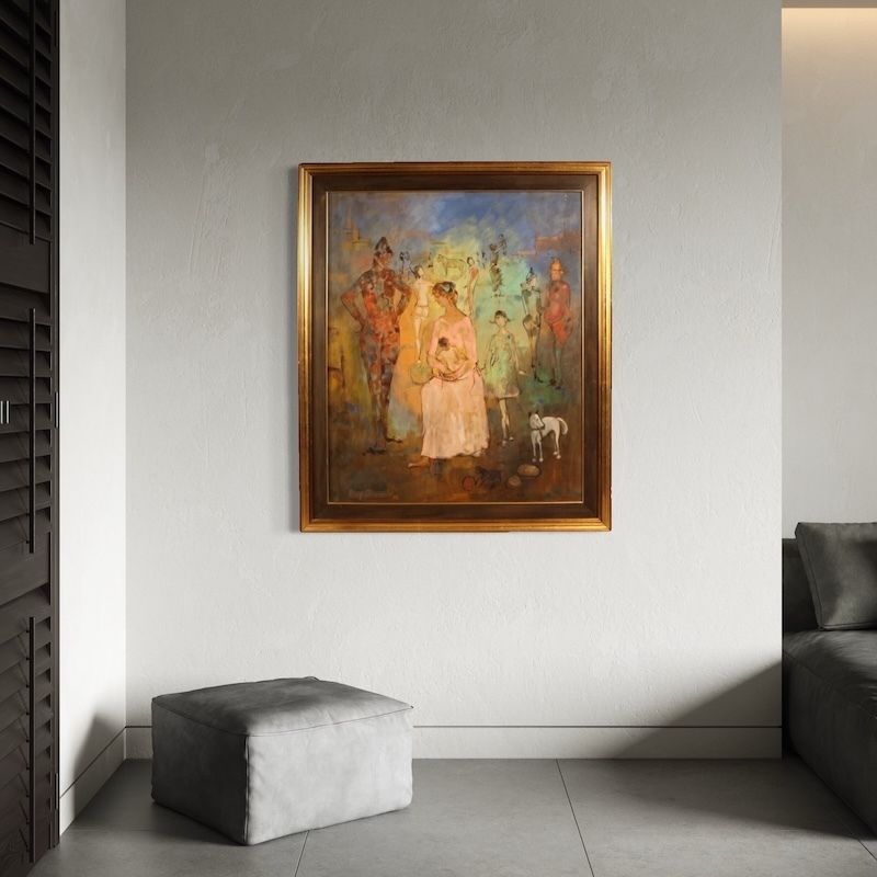 Italian Painting, Family Of Acrobats, Dated 1981 photo vintage