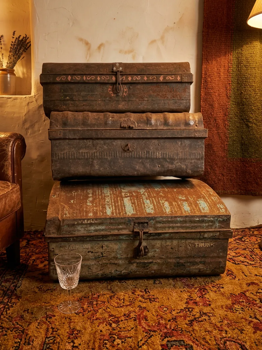 Assortment Of Antique Metal Chests Ideal For Shop Display Or Industrial Look photo for sale