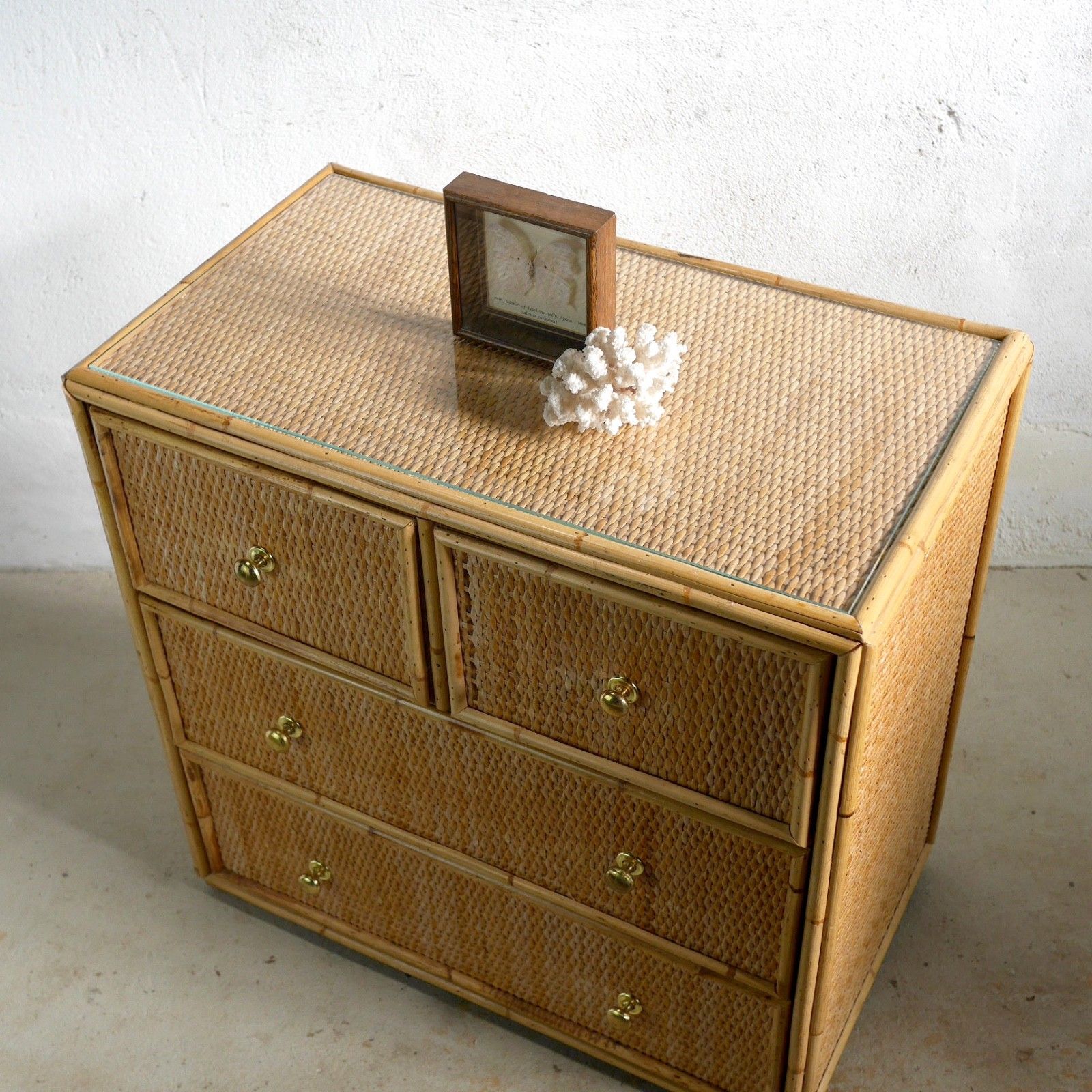 Vintage Mid Century Bamboo Rattan Chest Drawers Brass Angraves Glass Top #102844 photo vinterior
