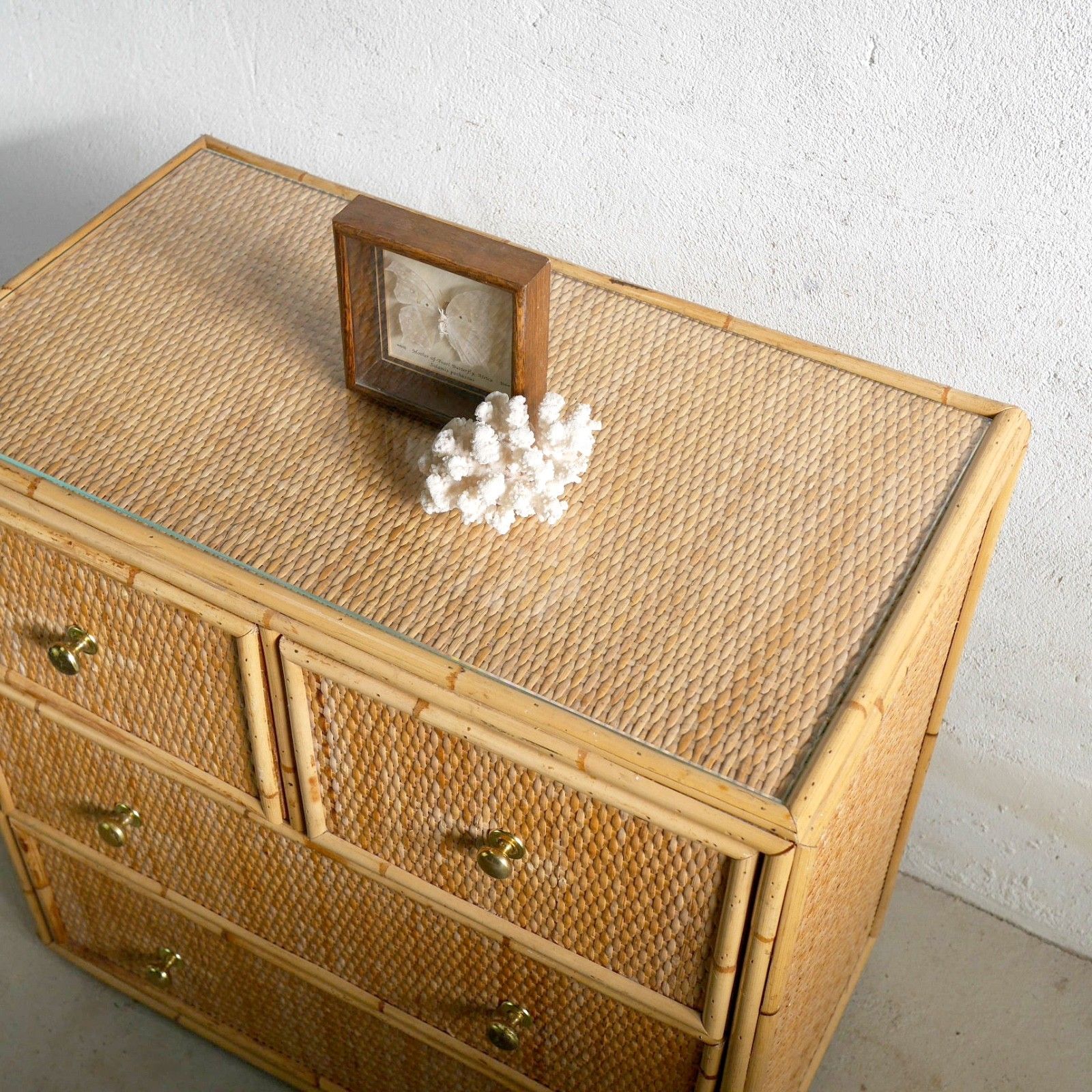 Vintage Mid Century Bamboo Rattan Chest Drawers Brass Angraves Glass Top #102844 photo buy