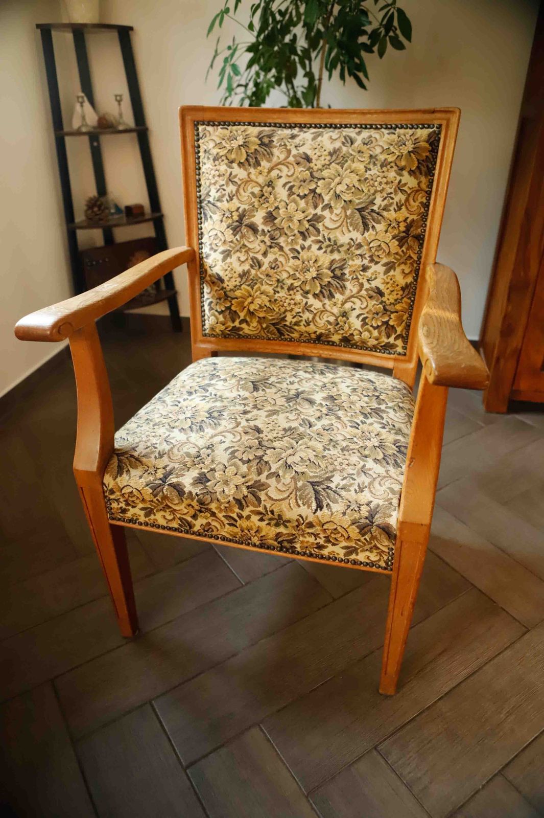 545.0 Vintage Salon Armchair With Floral Tapestry Upholstery And Scroll Armrests photo
