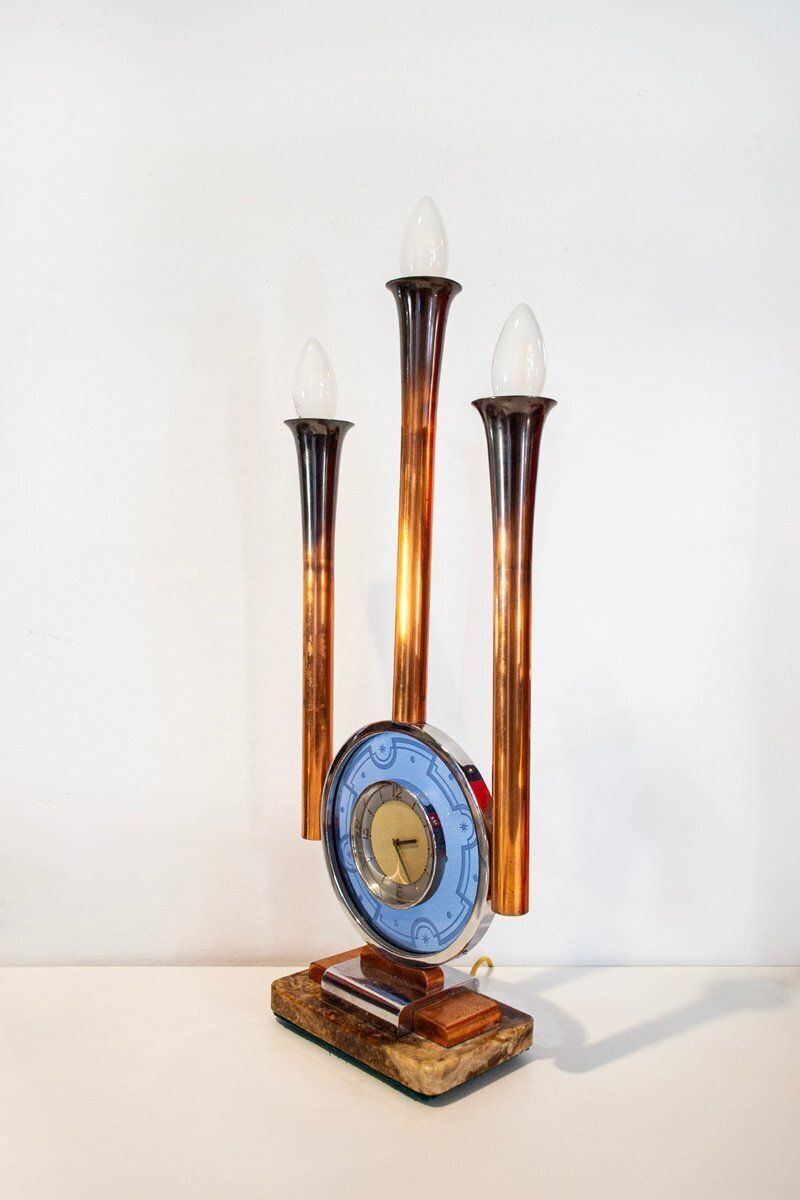 Art Deco Italiaanse glazen en marmeren klokklamp, jaren 1930 photo furniture