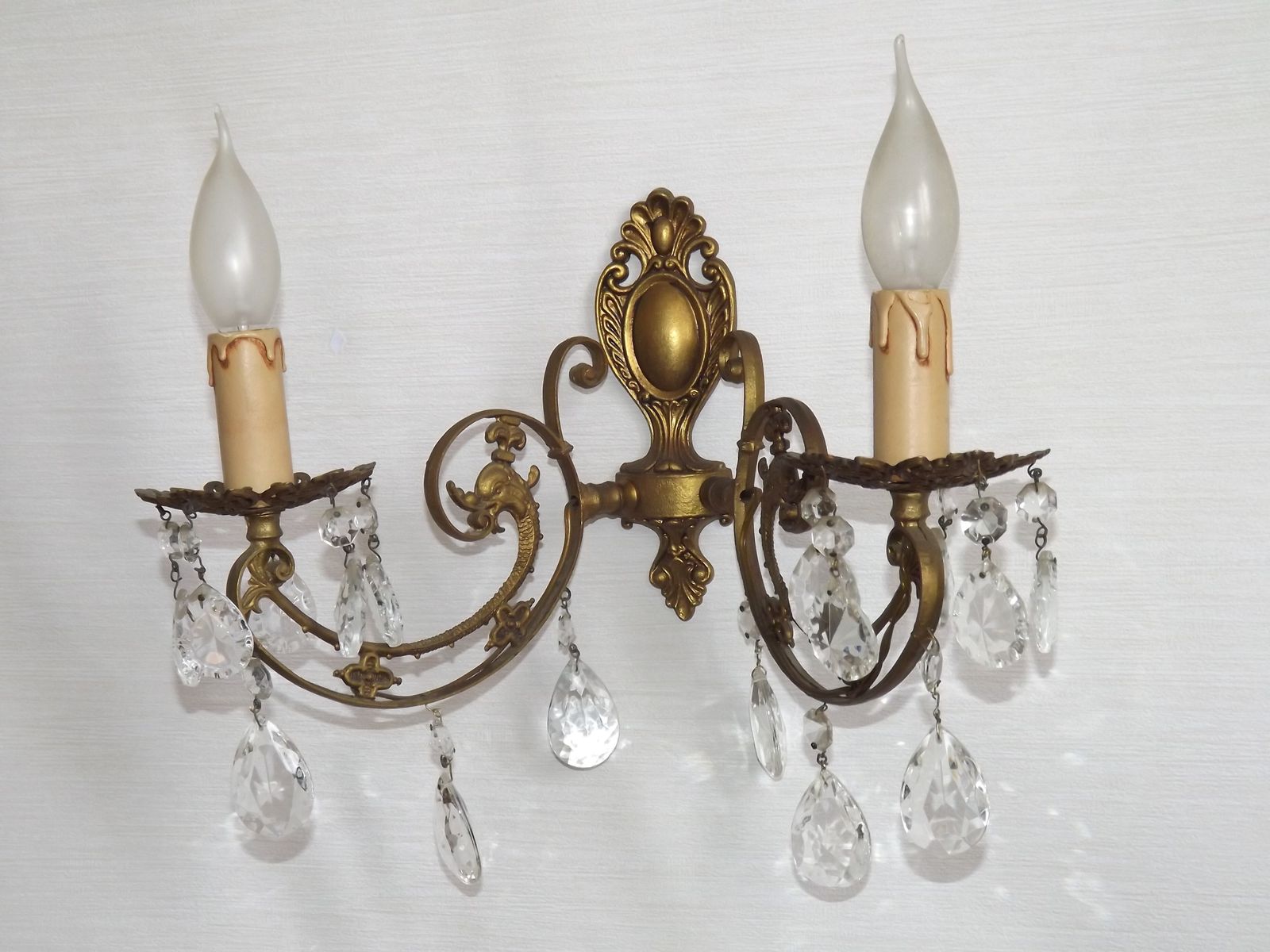 photo furniture French Vintage Double Bronze & Crystal Wall Light   Stylized Dolphin Detail