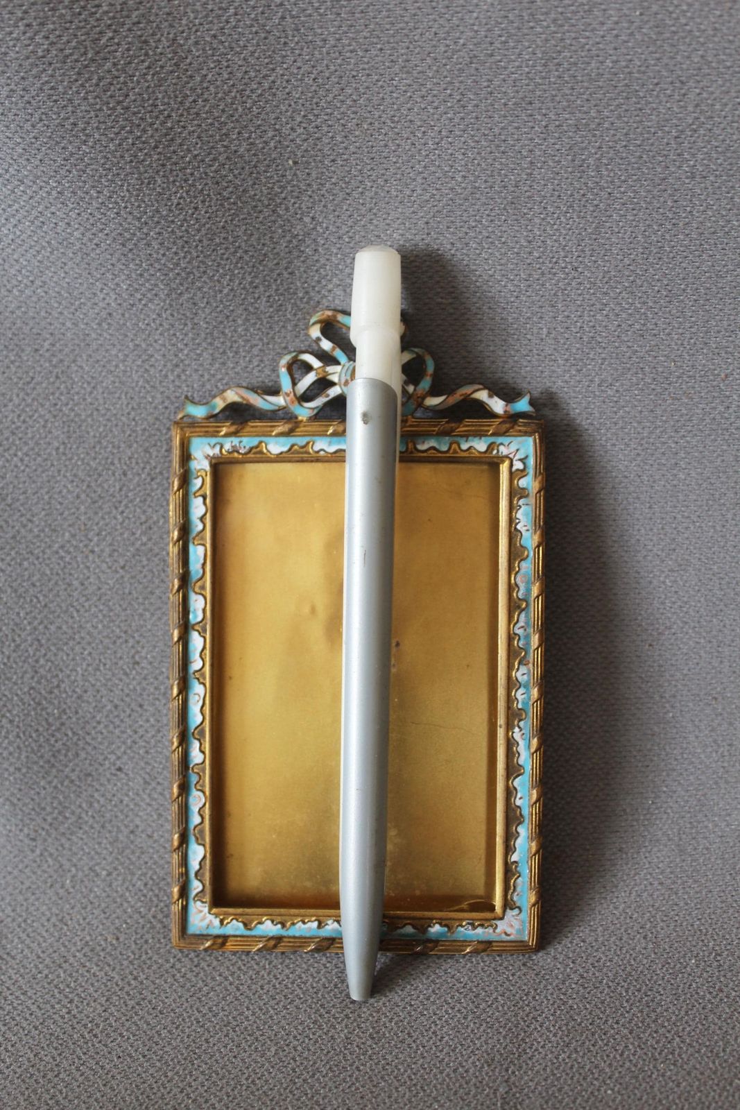 photo furniture Antique Gilded Bronze 19th Century French Photo Frame, Champleve Enamel Work, Louis XVI Style, Napoleon XIX, Ribbon Top, Chip On Glass