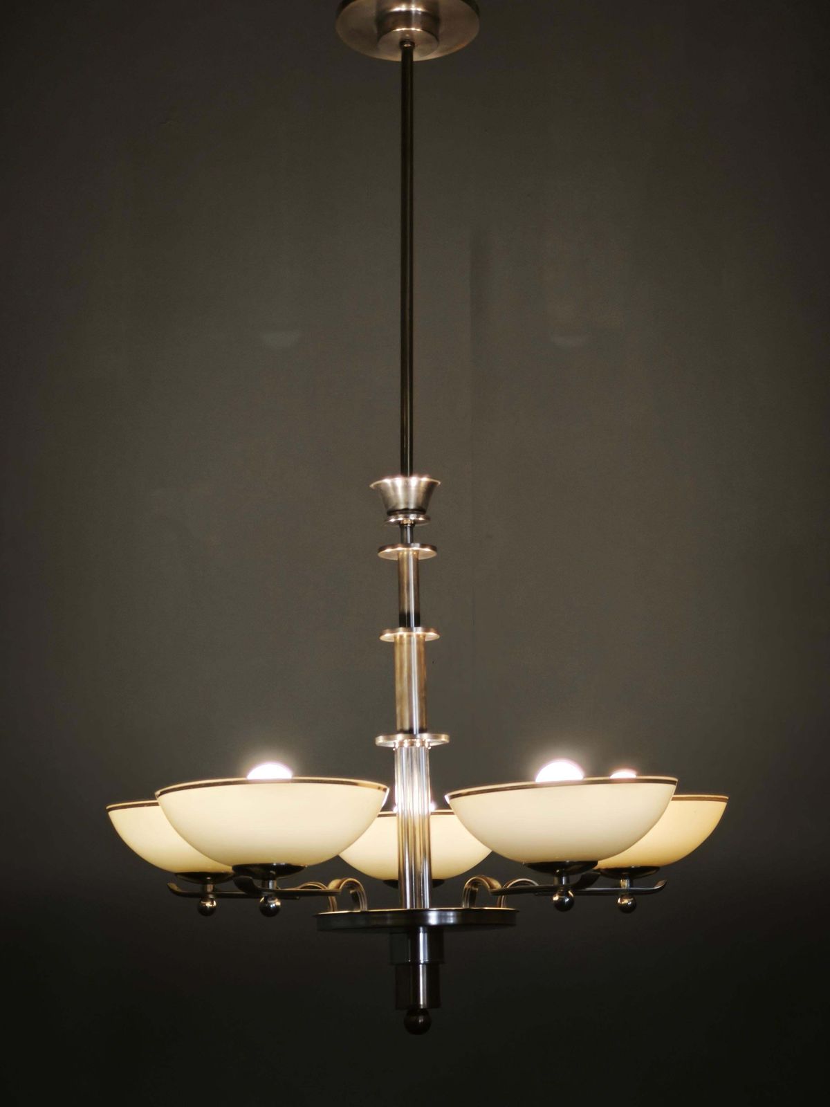 1930s Czech Art Deco Nickel Chandelier With Champagne Glass Shades photo for sale
