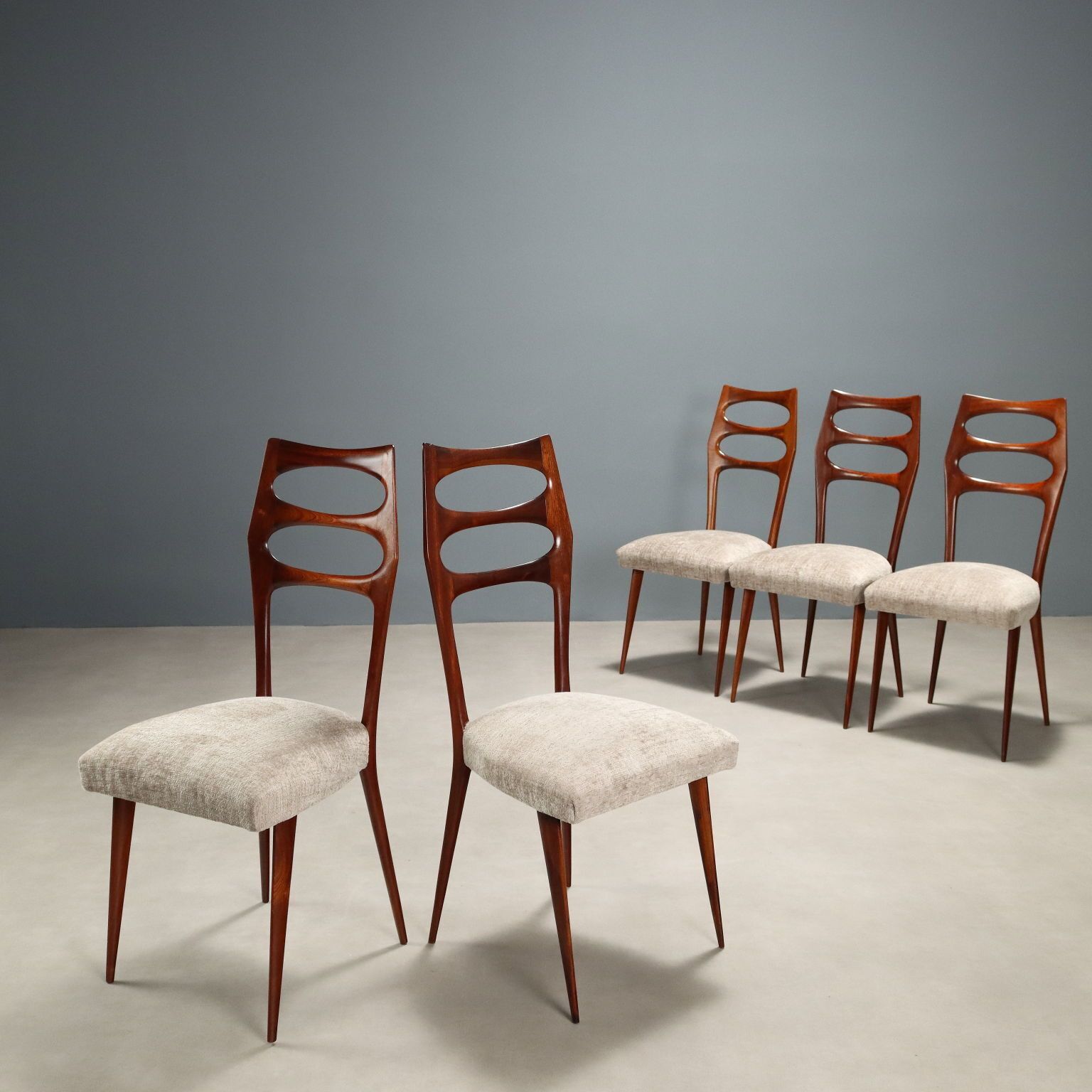 Vintage stoelen, beuken, stof, design, Italië, jaren 1950, gerestaureerd