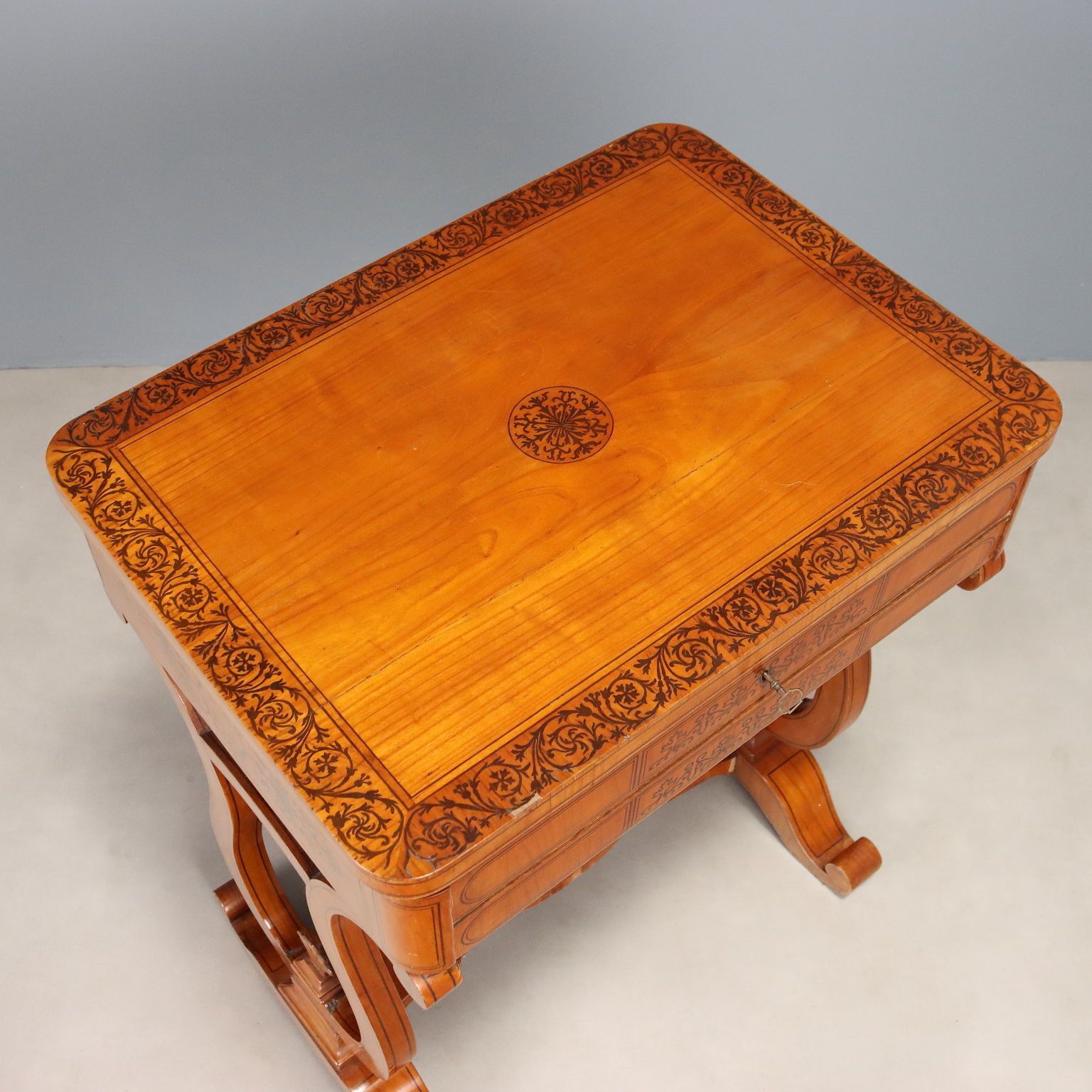 1020.0 Antique Sewing Table Charles X Cherrywood Inlays XIX Century photo