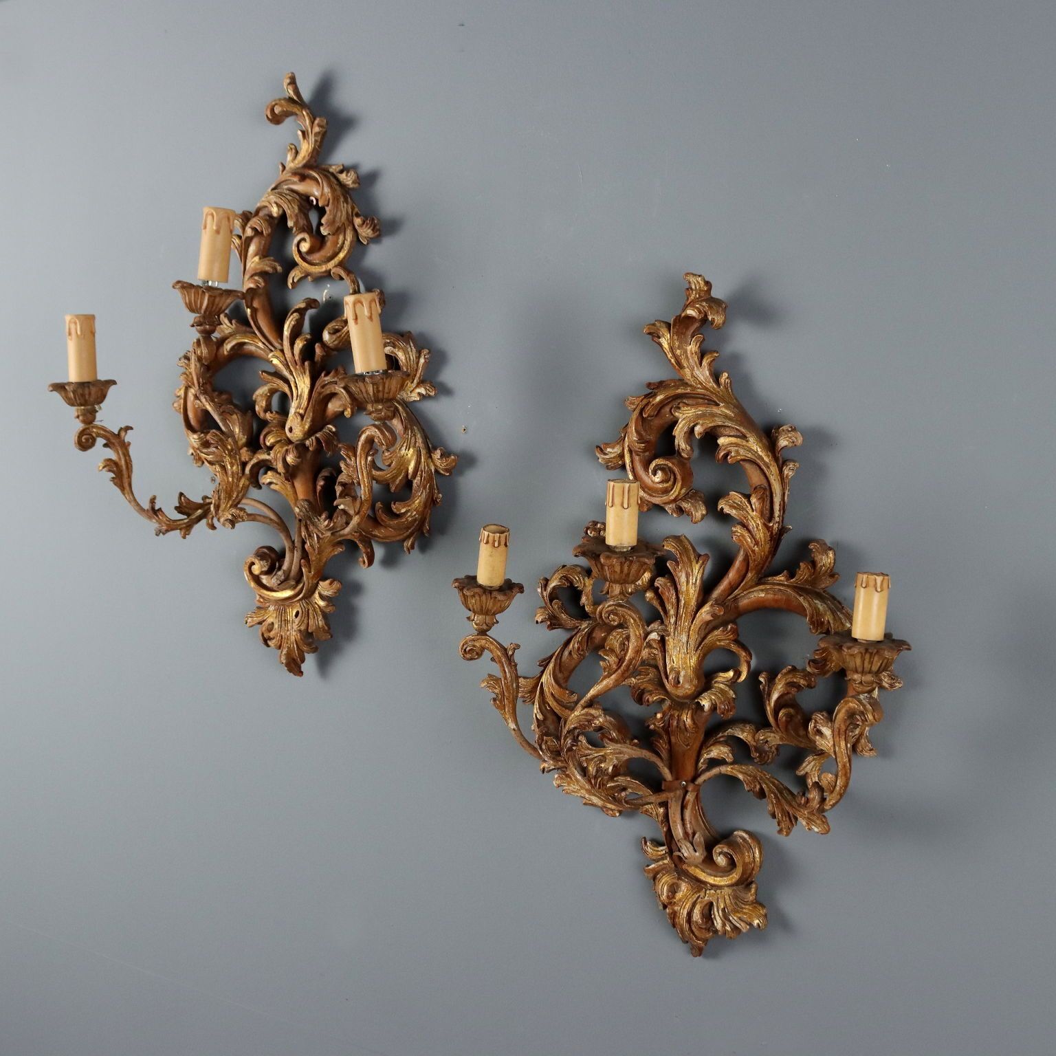 Antique Wall Lamps Lacquered Gilded Wood Italy XX Century photo for sale