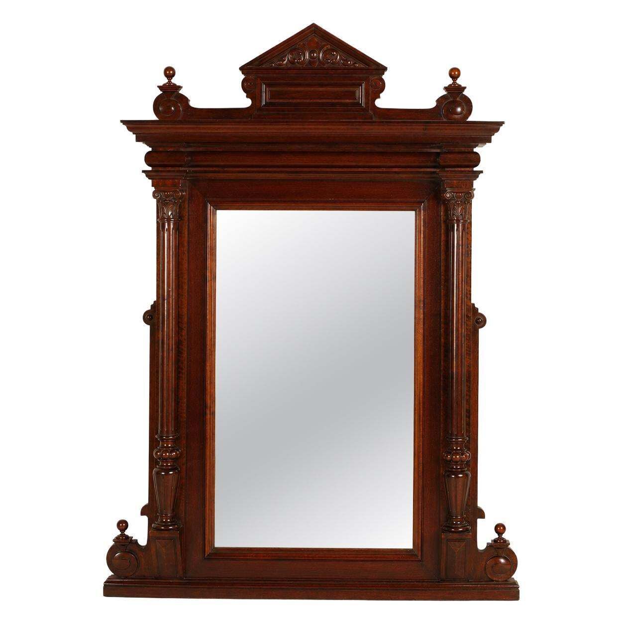 Monumental 19th Century Italian Carved Walnut Mirror With Architectural Pediment