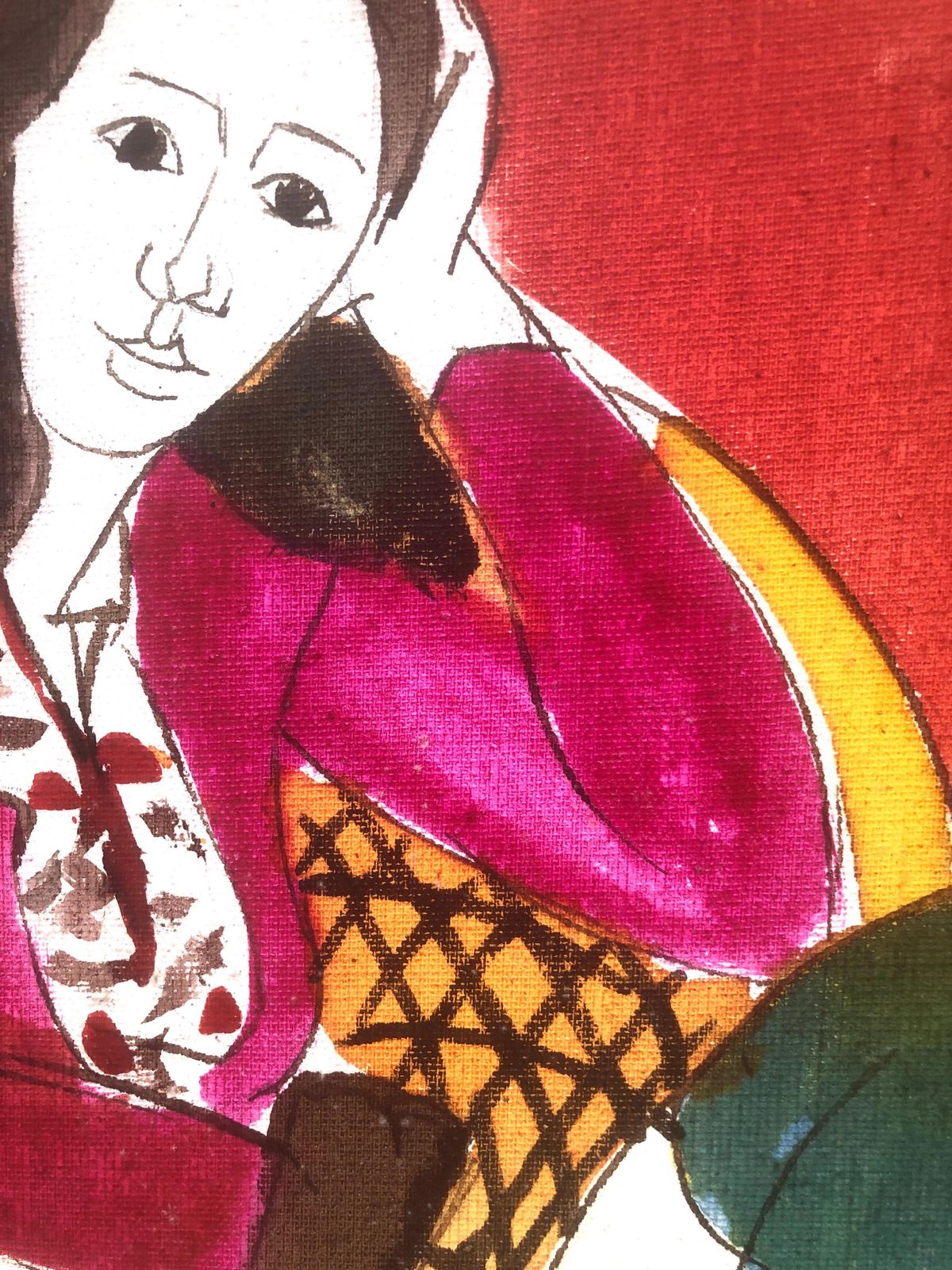 Jordi Curos Colorful Fauvist Woman With Guitar Mixed Media Painting, Spanish Figurative Art C.1985 photo Art
