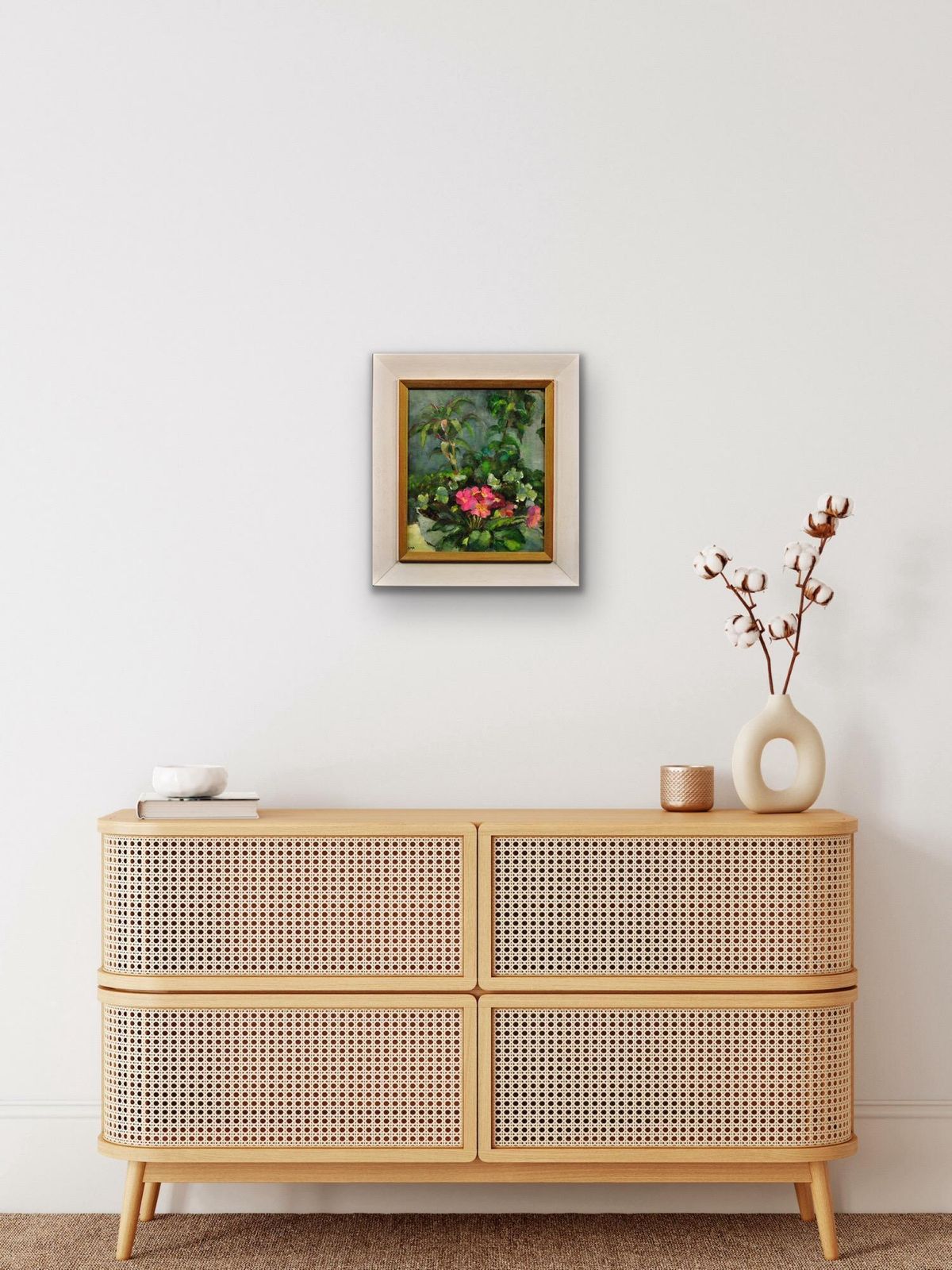 photo furniture Diana Maxwell Armfield B.1920. English. Pink Primulas & Pot Plants. Original Still Life Flower Oil Painting. Modern British.