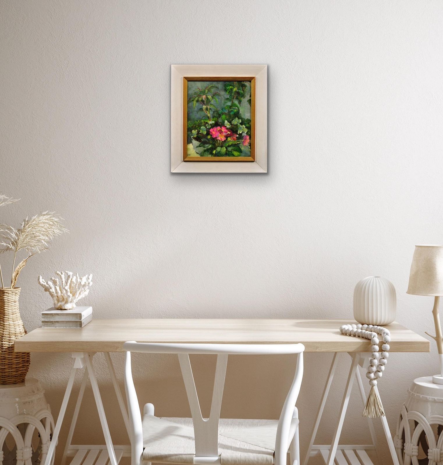 photo for sale Diana Maxwell Armfield, geboren 1920. Engels. Pink Primulas & Pot Plants. Stilleven met bloemen, olieverf. Modern British.