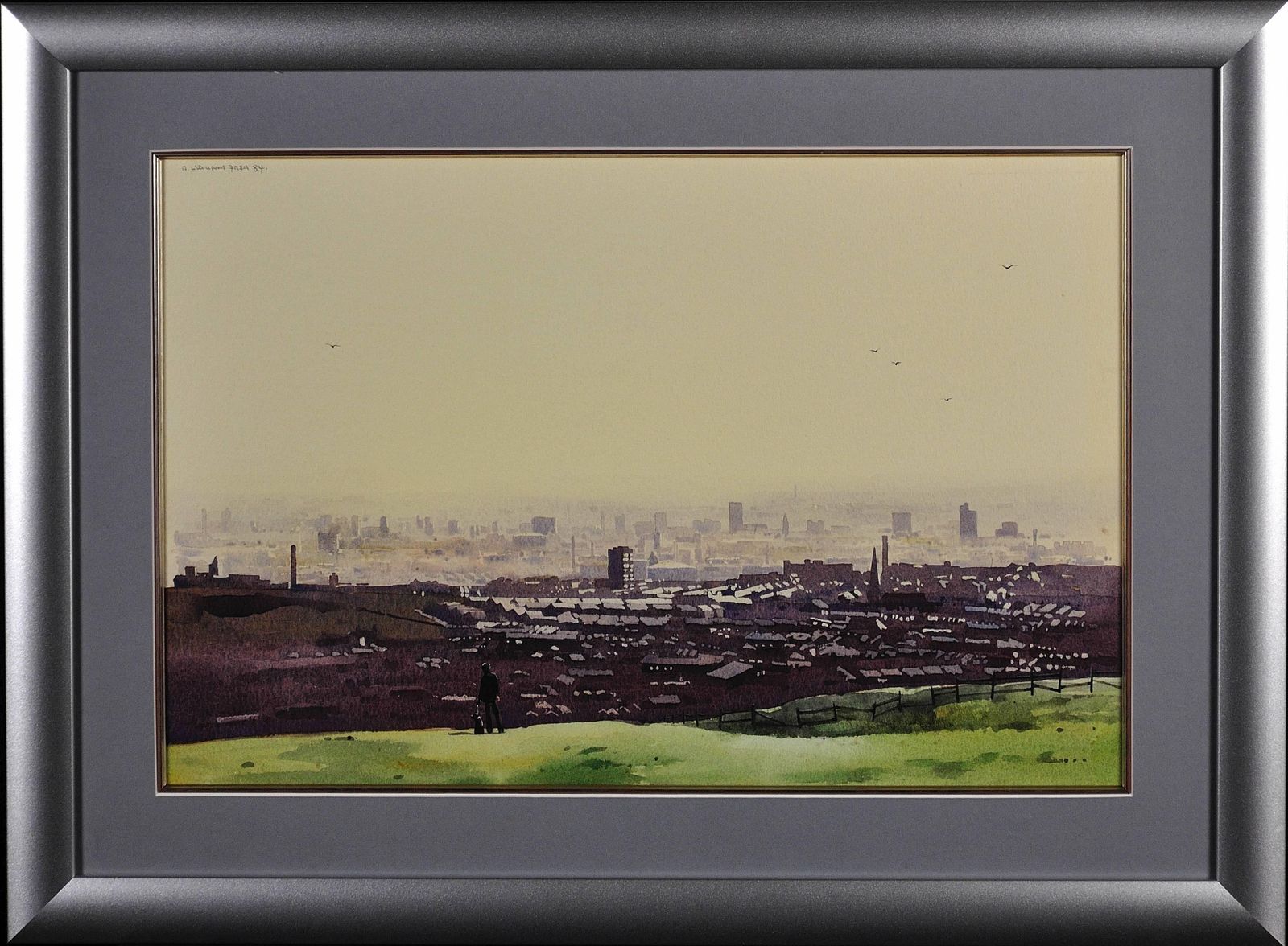 Robert Littleford 1940 To 2023. English. Oldham From The Surrounding Hills, 1984. Framed Watercolour. Greater Manchester Cityscape. Lancashire.