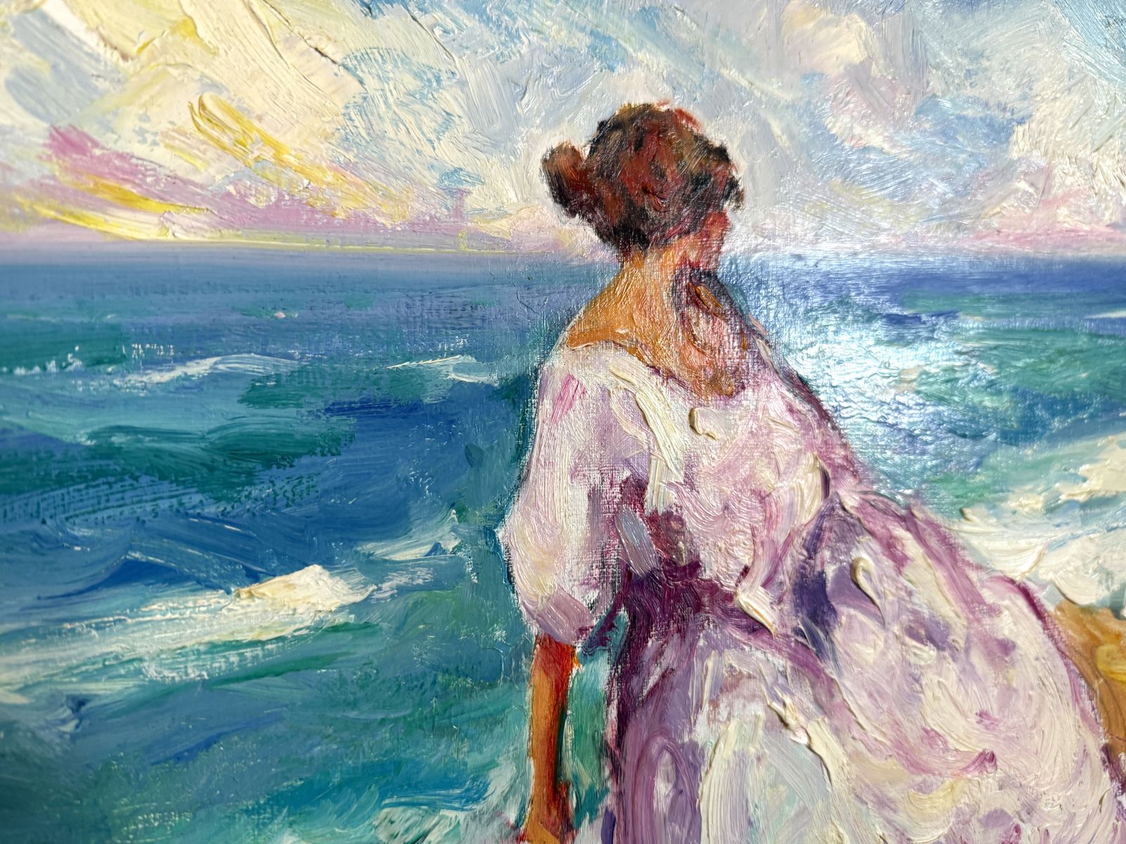 José Antonio Pineda Bueno, Femme méditerranéenne au bord de la mer, peinture figurative espagnole à l'huile sur toile, Europe, 2000 photo for sale